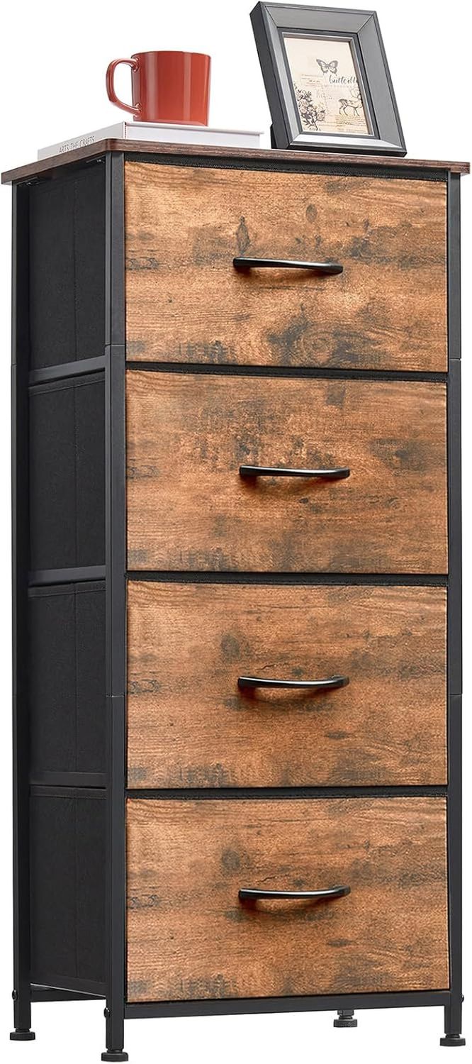 Tall Dresser for Bedroom with 4 Drawers, Storage Organizer Chest of Drawers with Removable Fabric Bins for Living Room Closet Bedside Nursery Laundry Entryway Hallway, Wood Grain Print