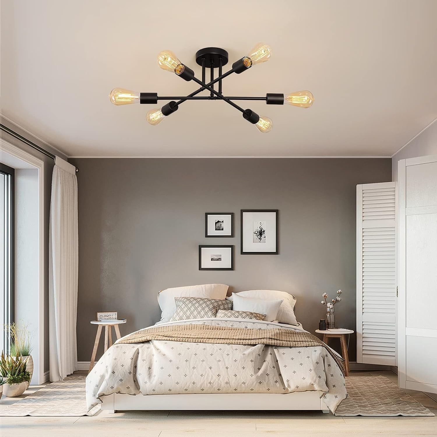 Black Modern Sputnik Chandelier Ceiling Light Fixtures,6-Lights Industrial Metal Semi Flush Mount Ceiling Light for Bedroom Dining Room Living Room Kitchen Hallway UL Listed