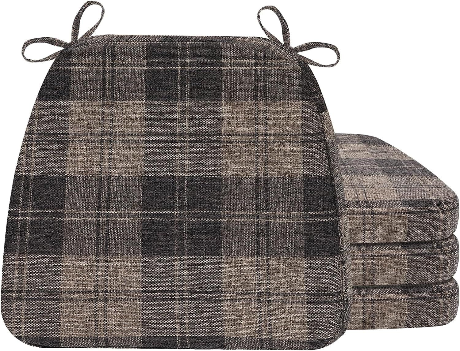 D-Shaped Chair Cushions for Dining Chairs with Ties and Removable Cover, 2&#39;&#39; Thick Dining Kitchen Chair Pads, Indoor Dining Chair Cushions, 17&#39;&#39; X 16&#39;&#39;, 4 Pack, Brown Checkered