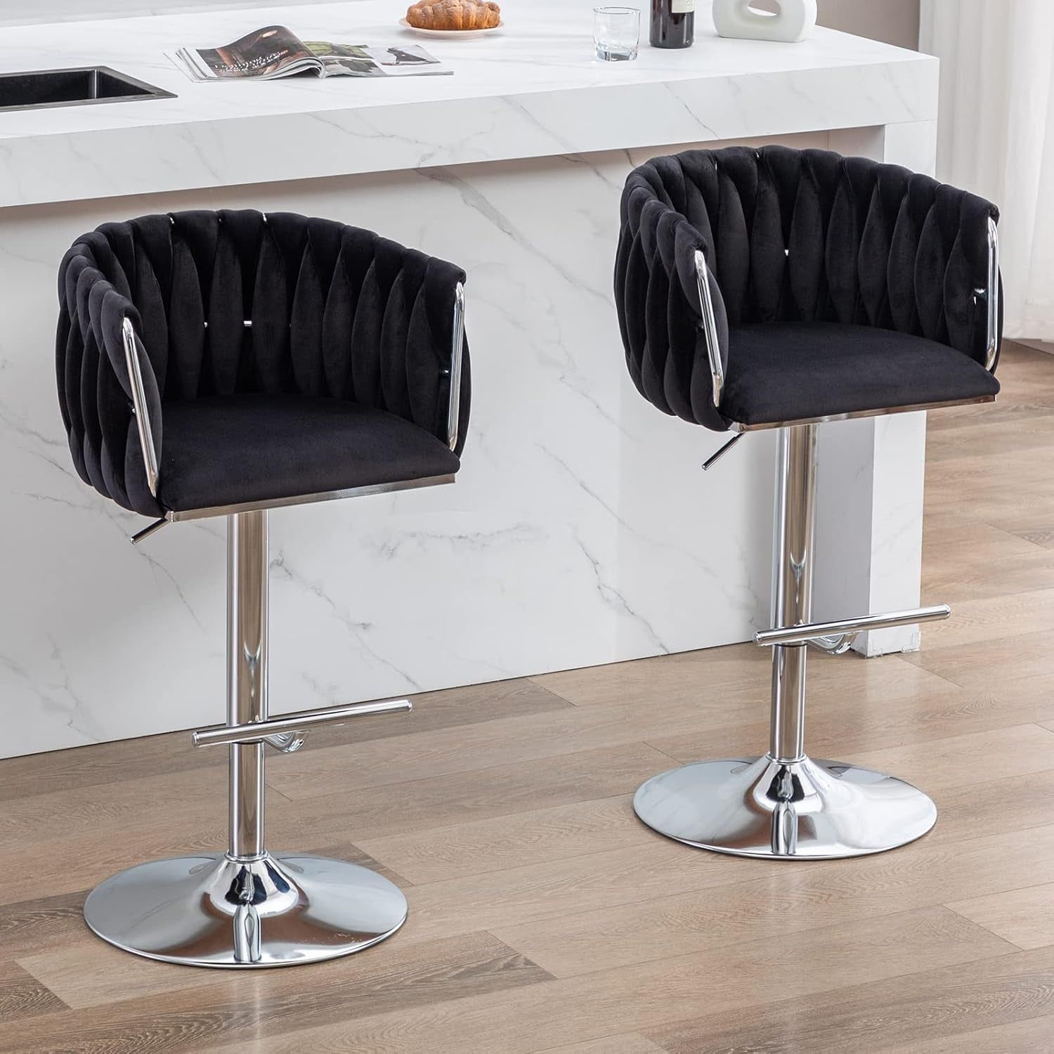 Modern Swivel Bar Stools Set of 2, Velvet Adjustable Height Barstool with Barrel Back Kitchen Island Counter Bar Chair with Chrome Base, Black