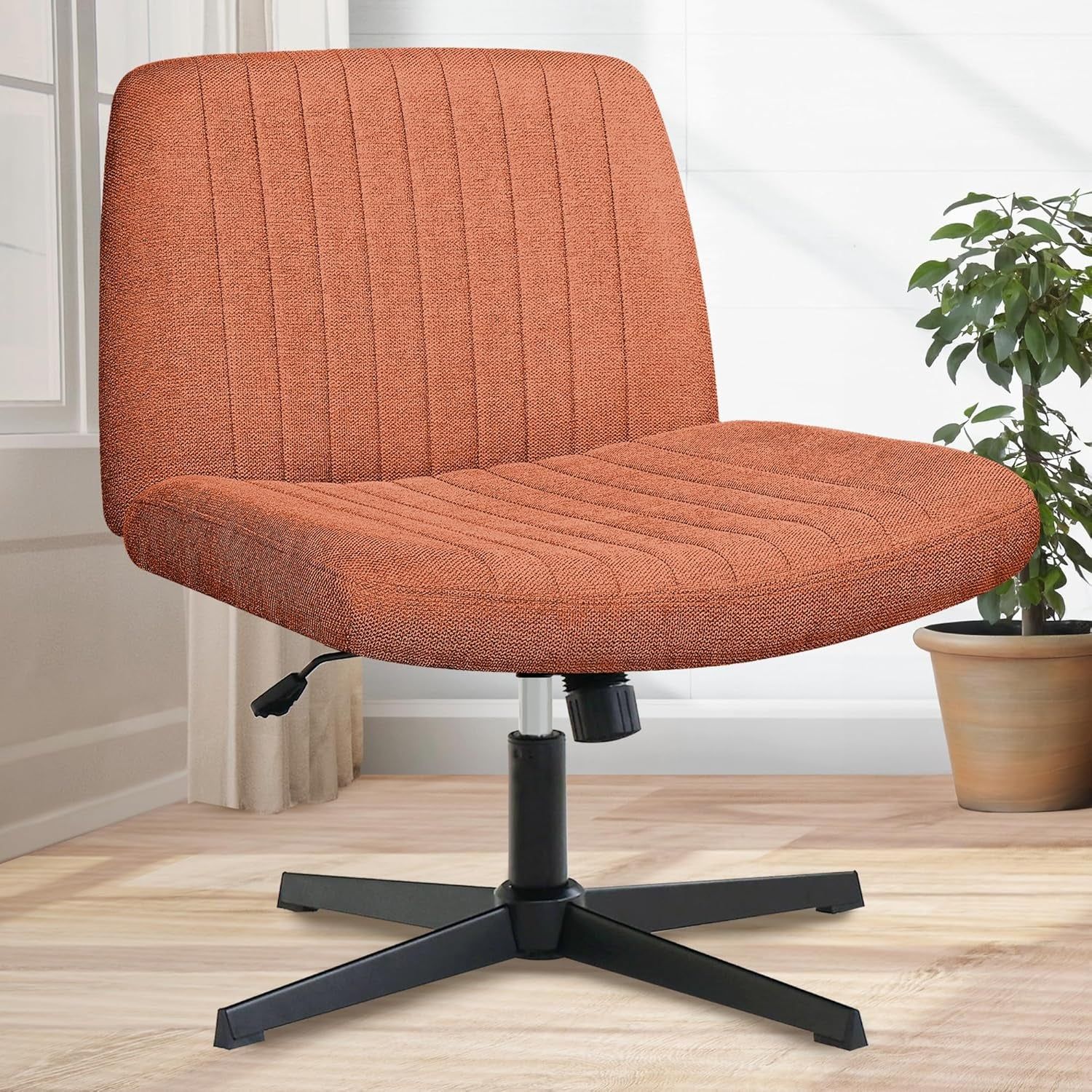 Cross Legged Office Desk Chair No Wheels Fabric Padded Modern Swivel Height Adjustable Wide Seat Computer Task Vanity Chair for Home Office Mid Back Accent Chair (Brown)