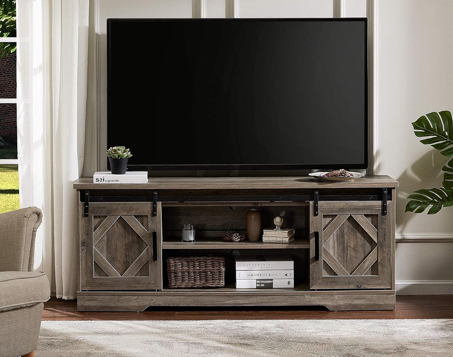 Farmhouse Sliding Barn Door TV Stand for Tvs up to 65 Inch, Modern Storage Entertainment Center, Wood Media Console Table Cabinet 3-Level Adjustable Shelf for Living Room, Wash Grey