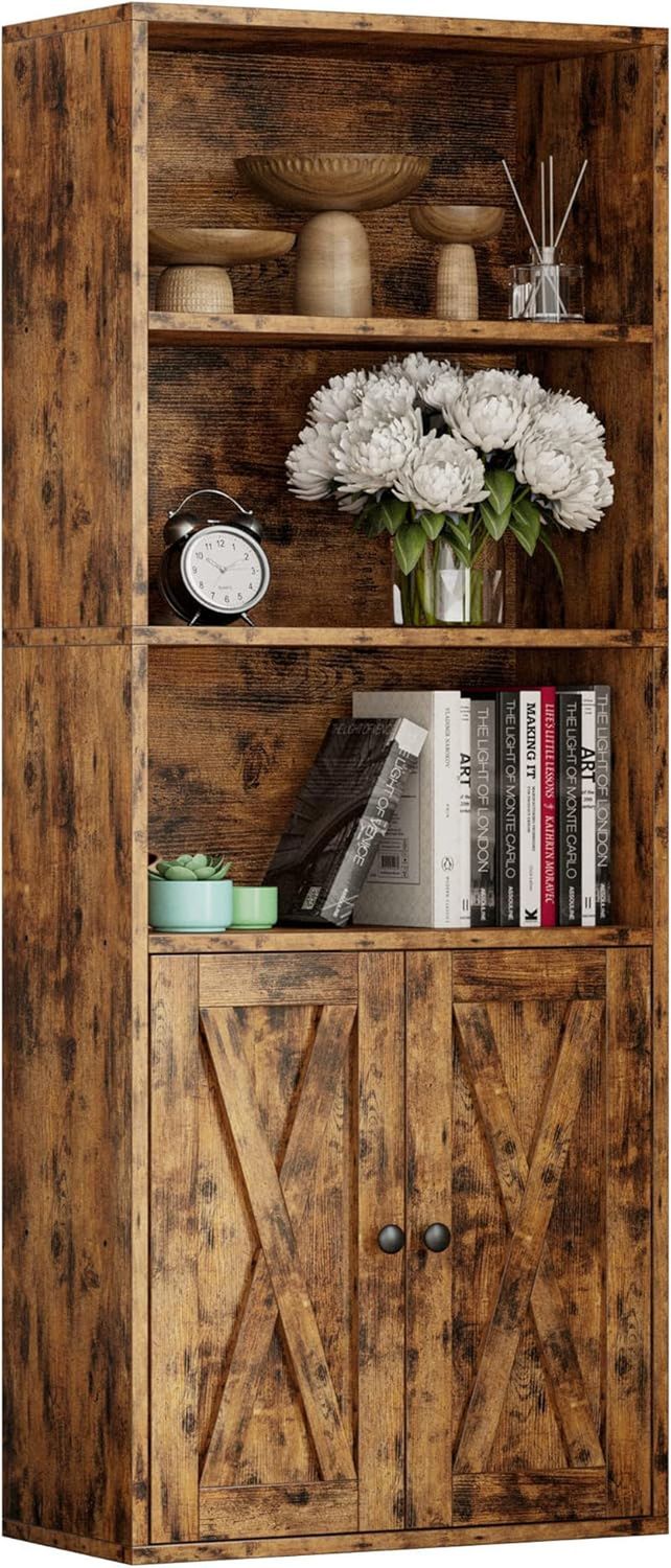 Industrial Bookshelves and Bookcases with Doors 11.8 in Depth Floor Standing 5 Shelf Display Storage Shelves Bookcase Home Decor Furniture for Home, Office, Living Room, Bedroom