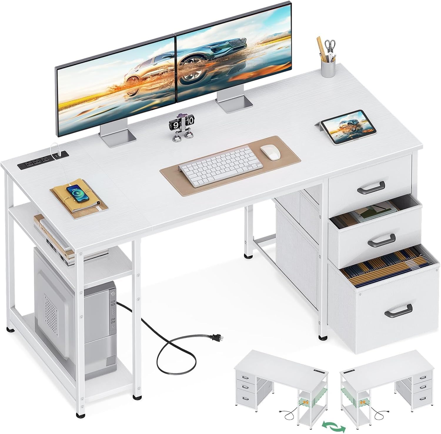 51 Inch Computer Desk with Fabric Drawers &amp; USB Power Outlets- Reversible Home Office Desk with Storage Shelves, Work from Home, Modern Work/Writing/Study Table for Bedroom, White