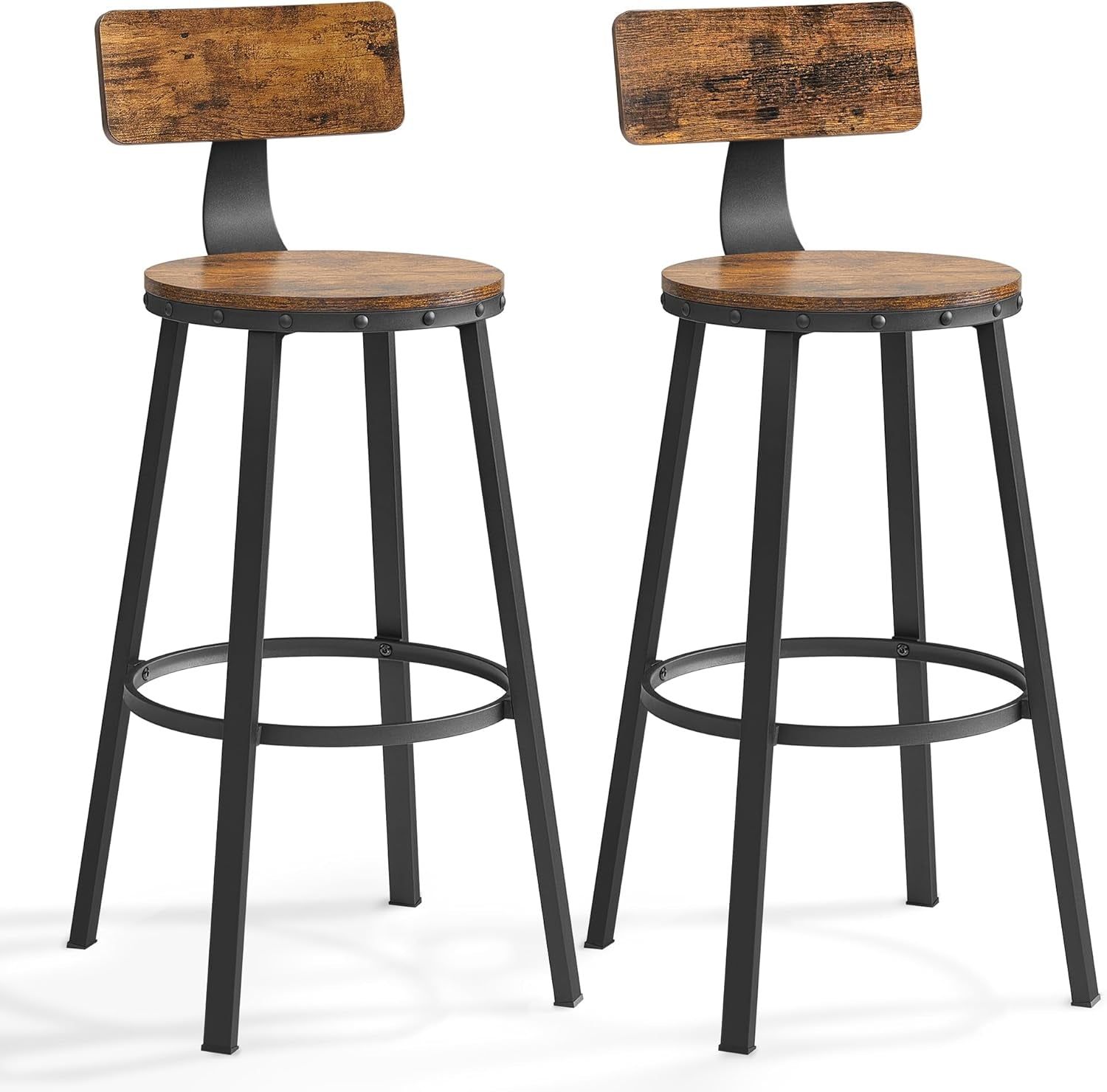 Bar Stools Set of 2, Bar Height Barstools with Back, 28.7 Inches Counter Stools Bar Chairs with Backrest, Steel Frame, Easy Assembly, Bar Stools for Dining Kitchen Bar, Rustic Brown and Black