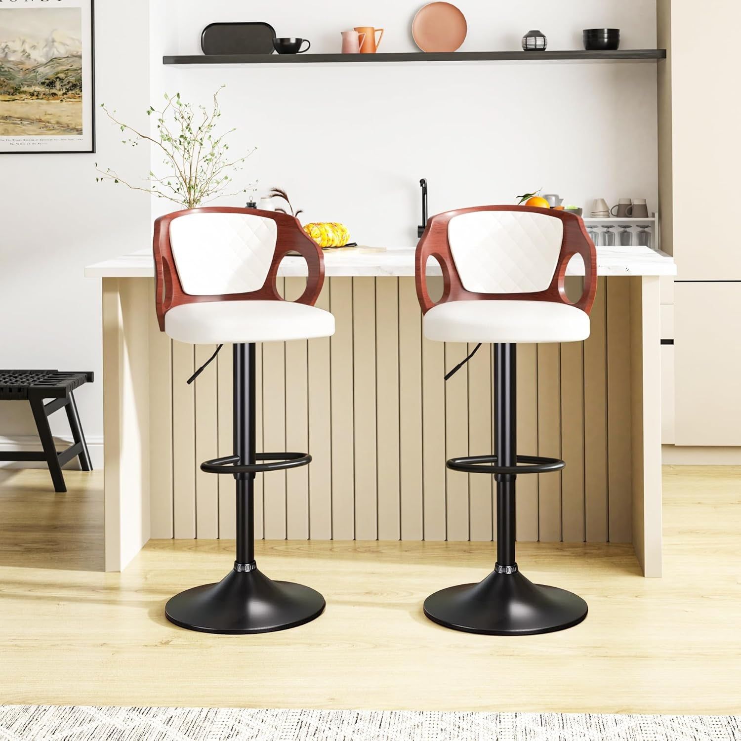 Barstools Set of 2,Counter Height Stools with Bentwood Back&amp;Arm, Swivel Barstools,Pu Leather Kitchen Island Stools, Adjustable Height Bar Chairs for Club Pub Dining Room,Pearl White
