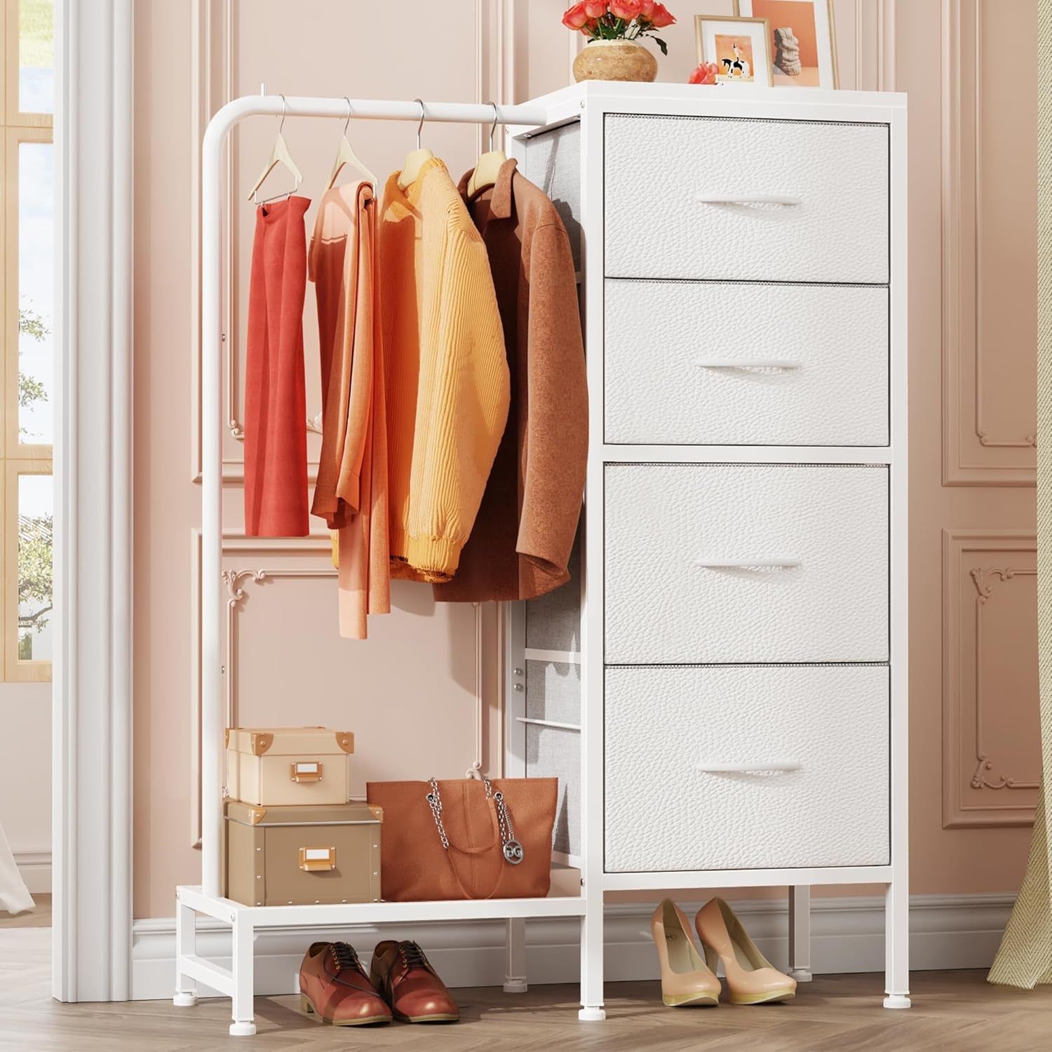Dresser with Hanging Rack, Small Dresser 4 Drawers for Bedroom, Kids Dresser Reversable for Closet with Clothes Rack, Tall Chest of Fabric Drawers, Sturdy Frame, White, 44&#39;&#39;H
