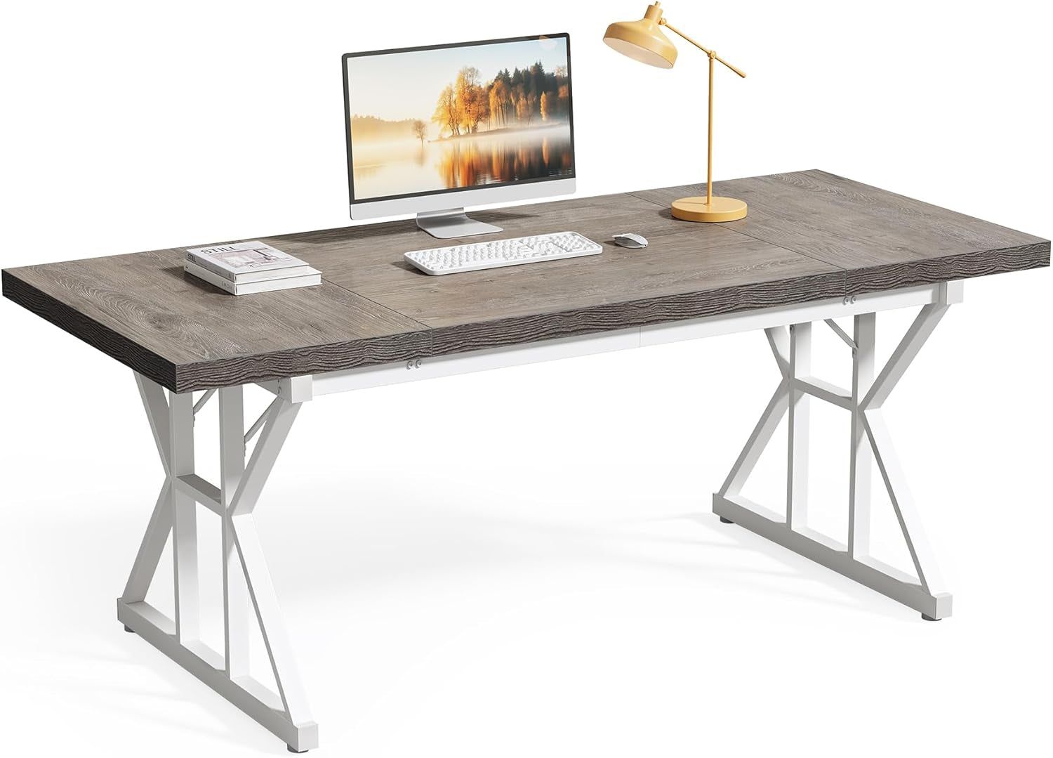 70.8-Inch Large Executive Desk, Modern Computer Office Desk, Wooden Writing Desk Study Table for Home Office, Grey-White