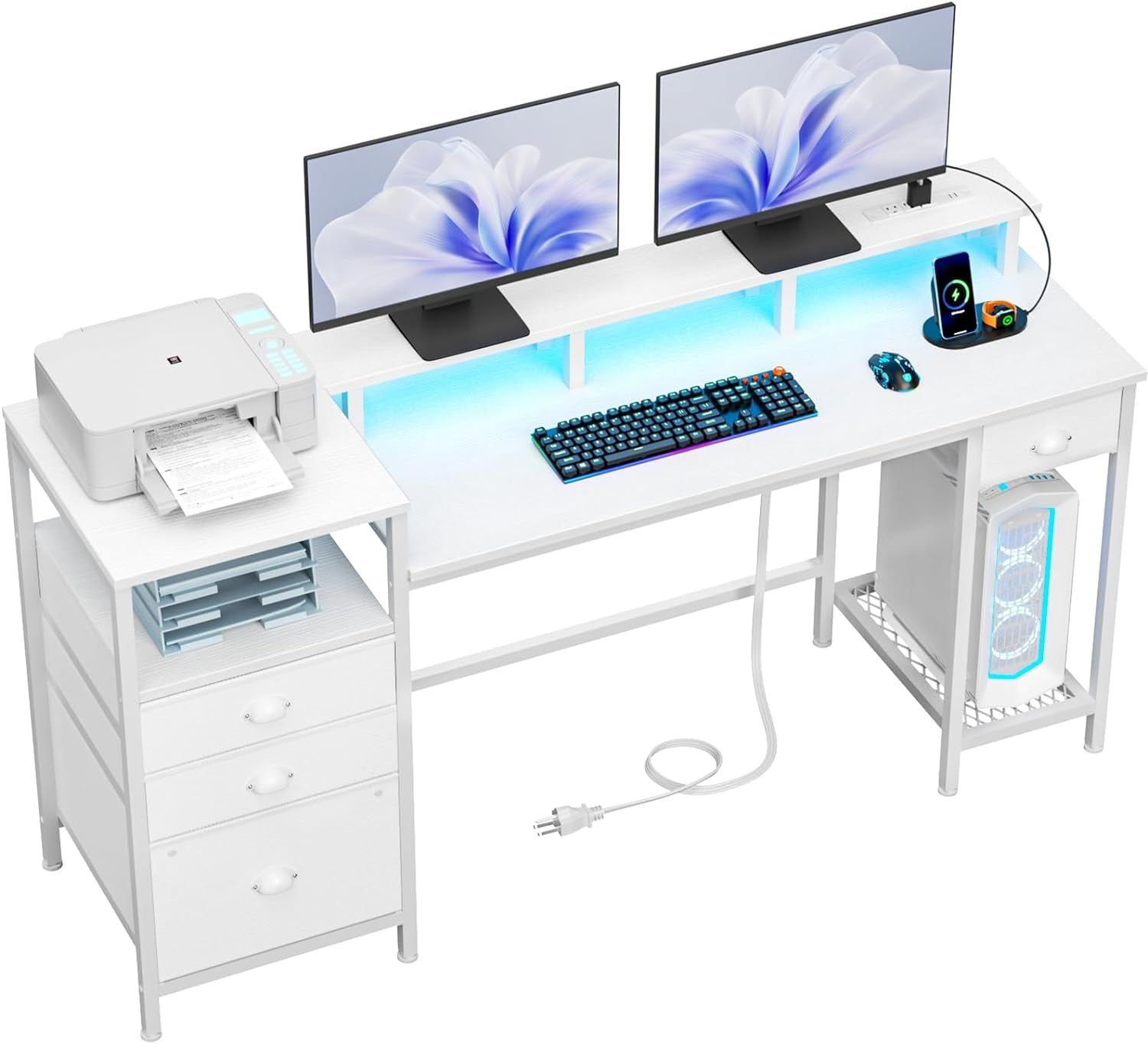 White Computer Desk with 4 Drawers, 60&quot; Long Office Desk with Fabric File Cabinet and Power Outlets, Gaming Desk with LED Lights, Study Writing Work Desk with Shelf for Home Office