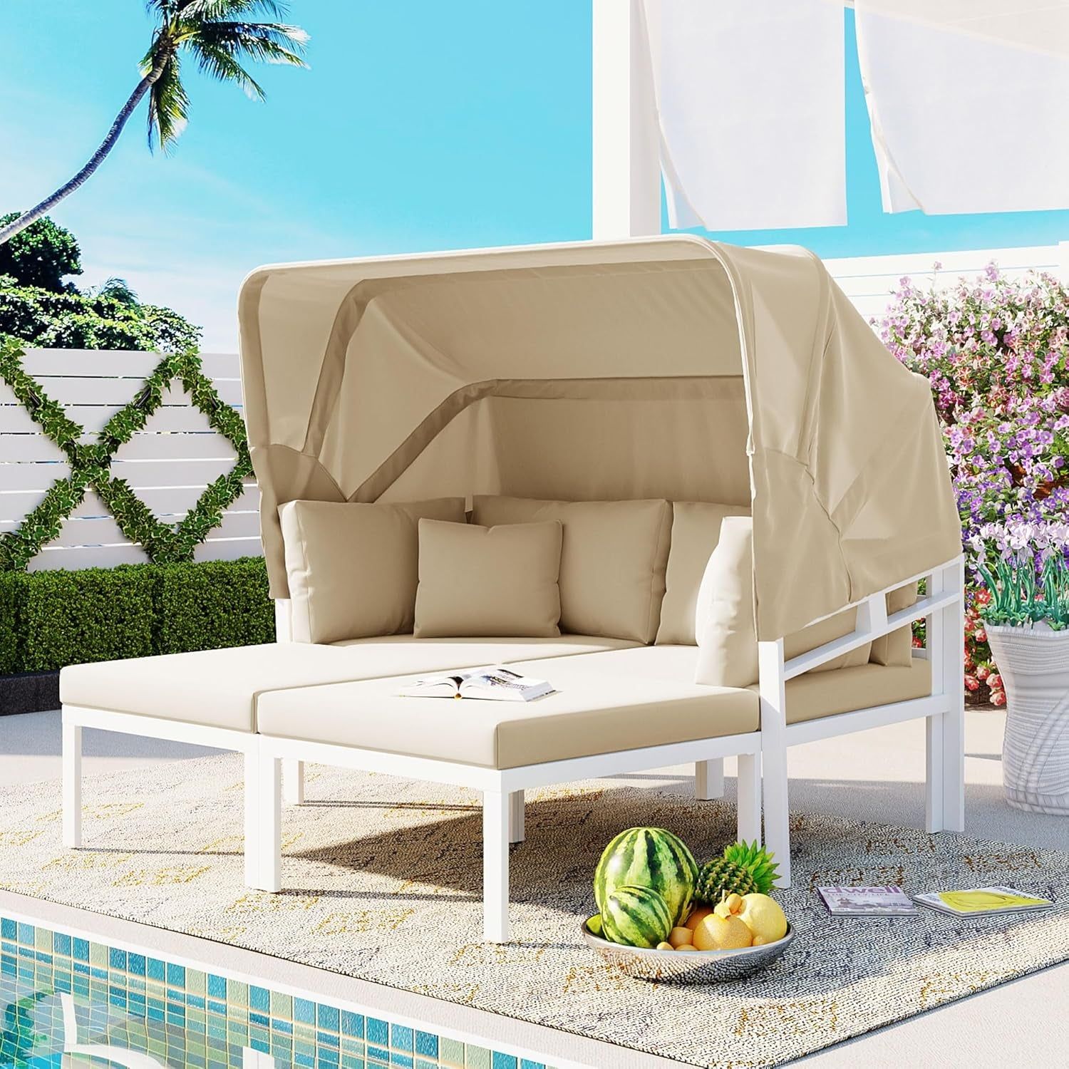 3-Piece Patio Daybed with Retractable Canopy and Cushions, Outdoor Metal Sectional Sofa Set Sun Lounger for Backyard, Porch, Poolside, Beige