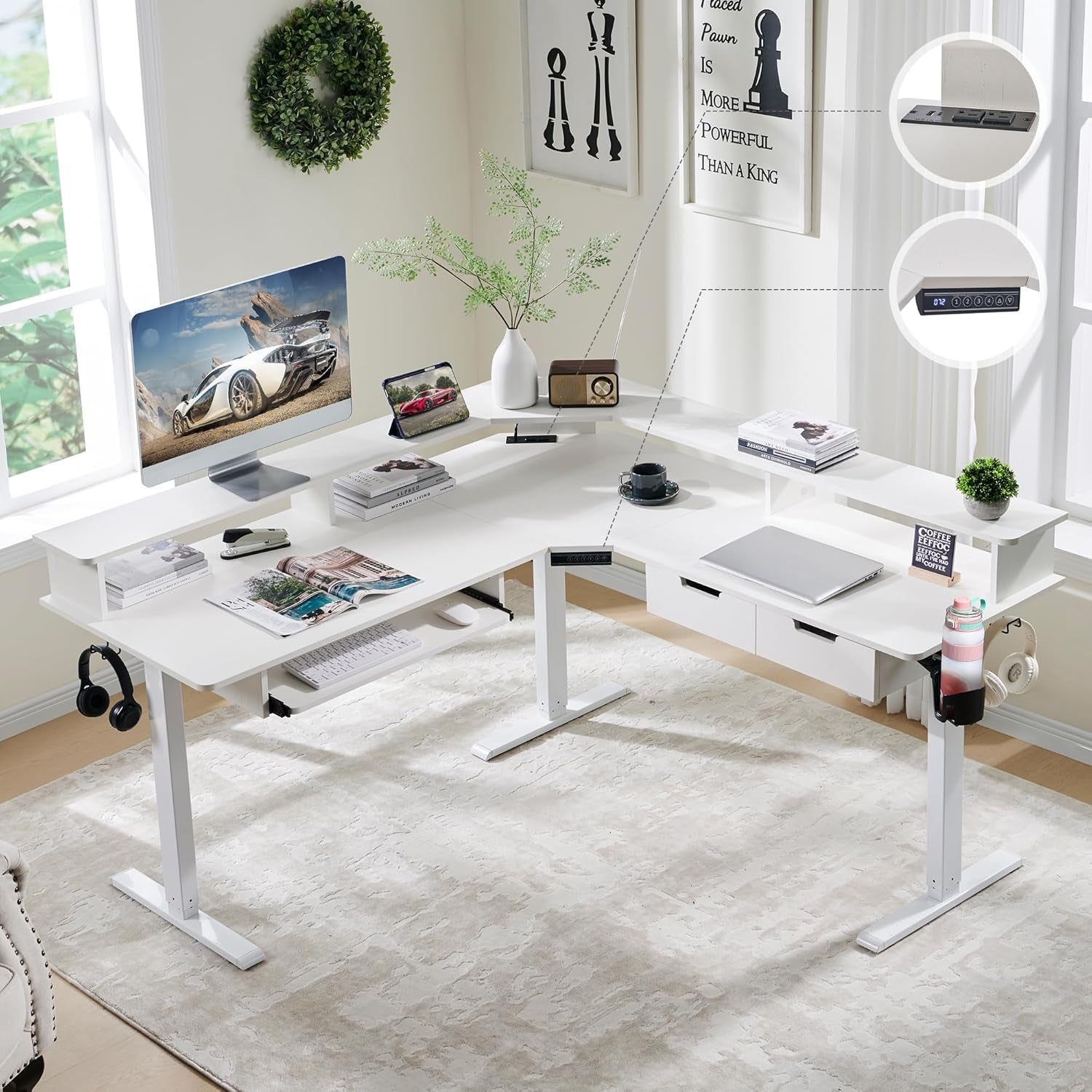 60 Inches L Shaped Electric Standing Desk, Height Adjustable Corner Gaming Desk with Drawers, Keyboard Tray, Power Outlets &amp; LED Lights, Computer Desk with Monitor Shelf, Antique White