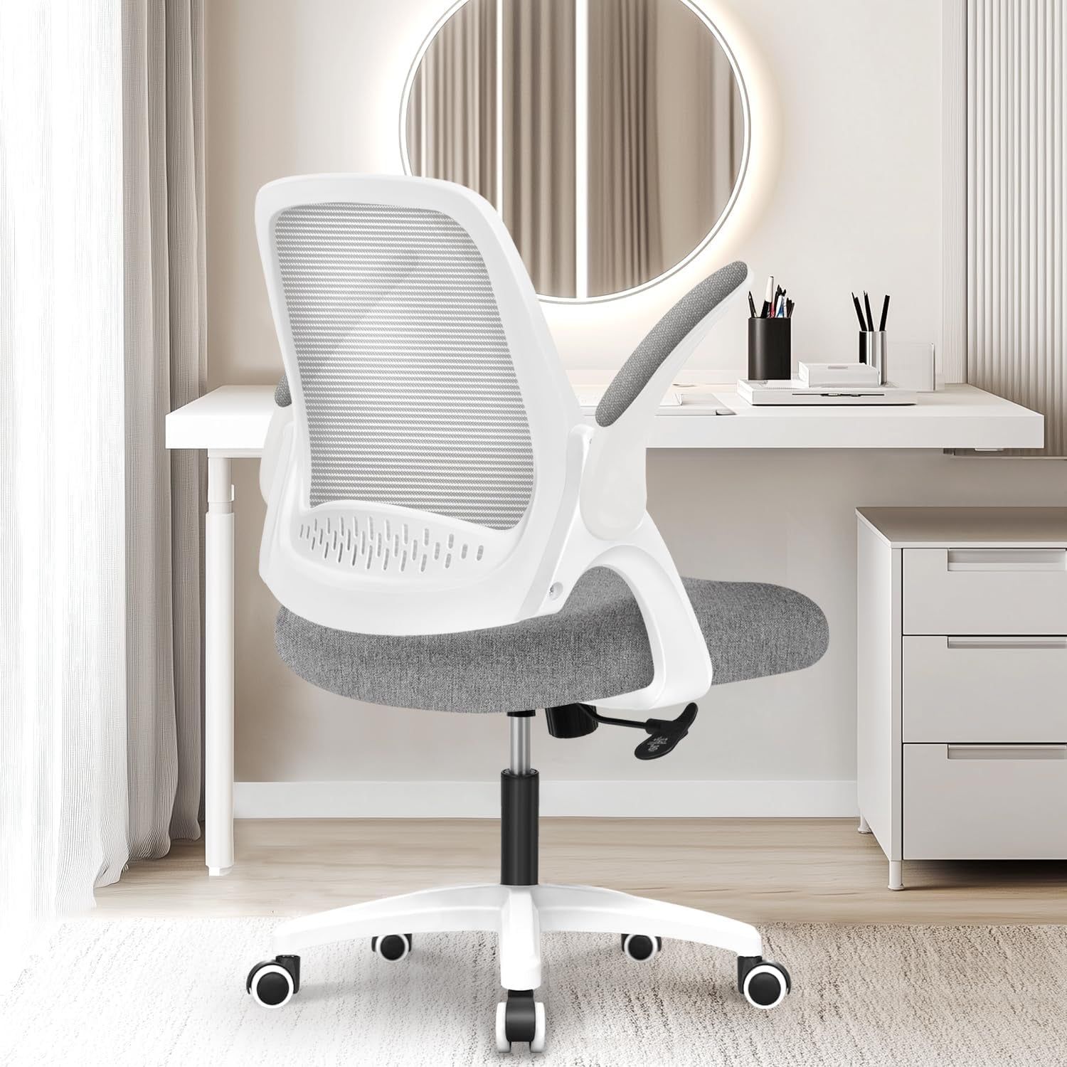 Office Desk Computer Gaming Chair with Ergonomic Lumbar Back Support Flip-Up Padded Armrest Adjustable Height and Wheels for Home or Office (Grey)