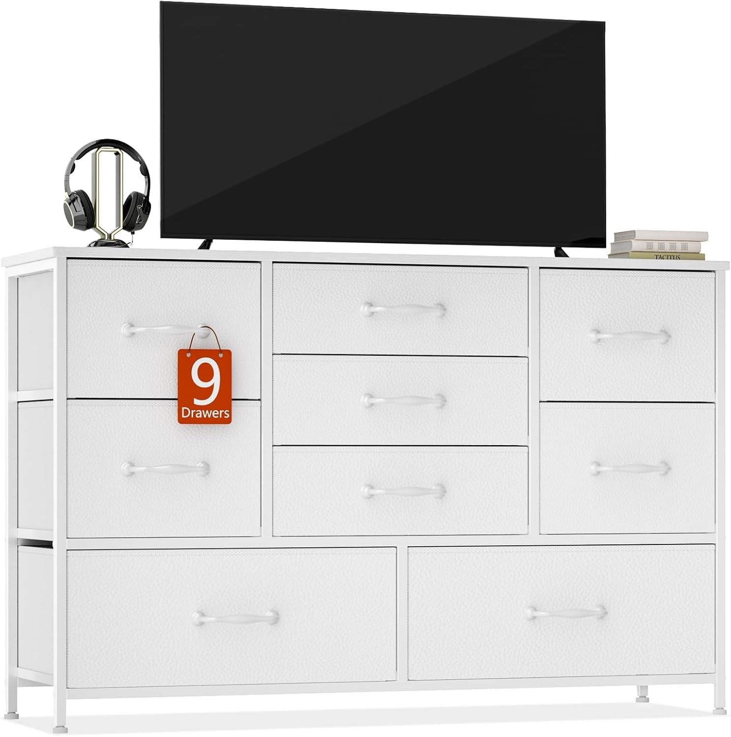 White Dresser with 9 Large Drawers for 55&#39;&#39; Long TV Stand Entertainment Center, Wide Wood Shelf Storage for Bedroom,Living Room,Closet,Entryway,Sturdy Metal Frame