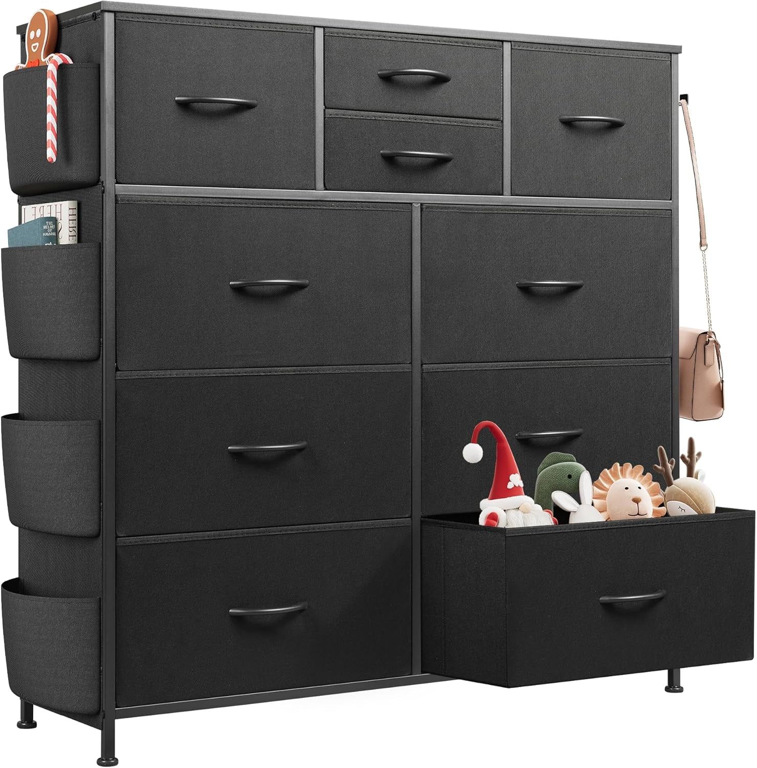 Dresser for Bedroom with 10 Drawers, Fabric Dresser Chest of Drawers with Side Pockets and Hooks, Sturdy Metal Frame, Drawers Organizer Unit for Living Room, Hallway, Black