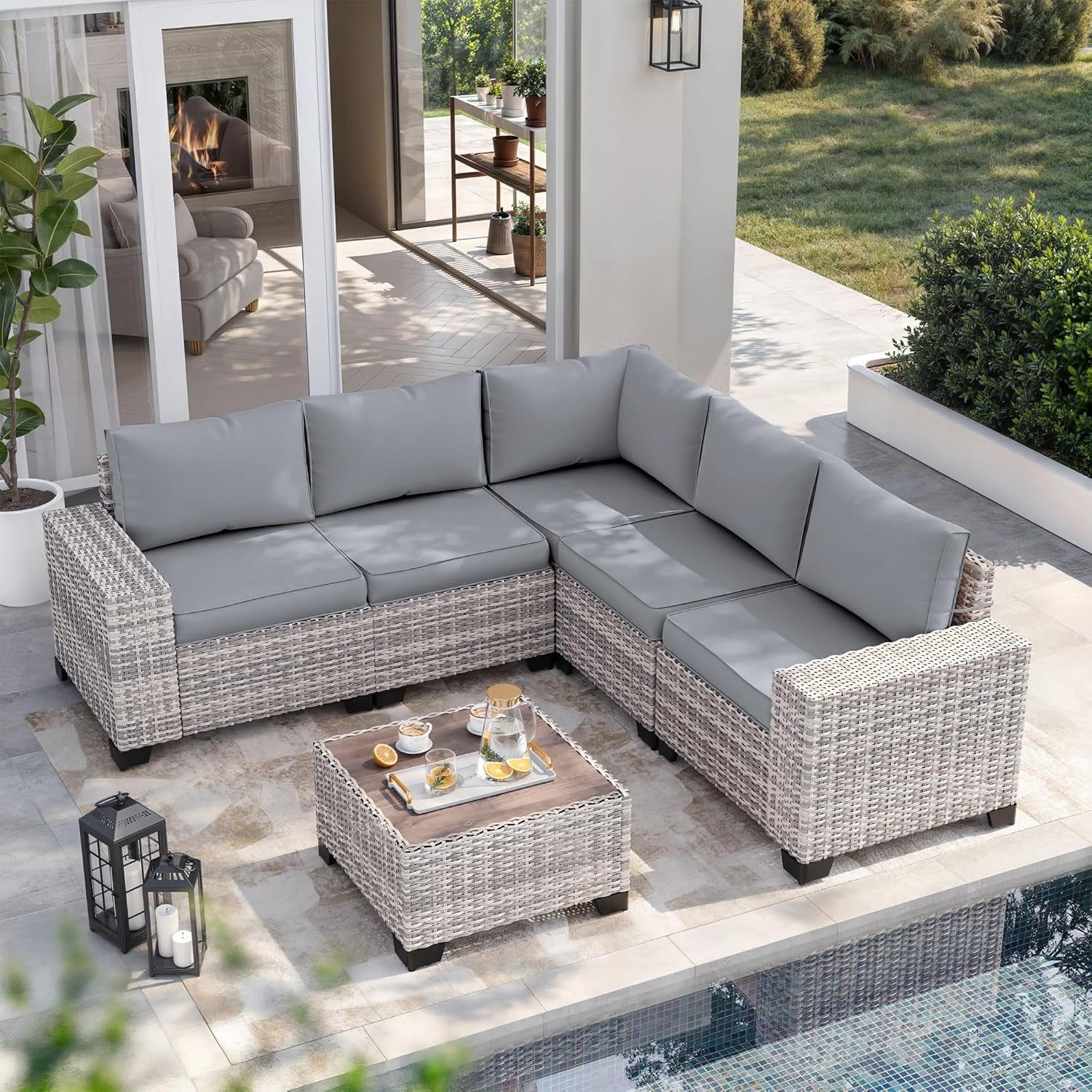 6-Piece Outdoor Patio Furniture Set Wicker Sectional Sofa Set, Patio Conversation Set with Thickened Cushions &amp; Coffee Table for Garden, Backyard, Poolside, Grey