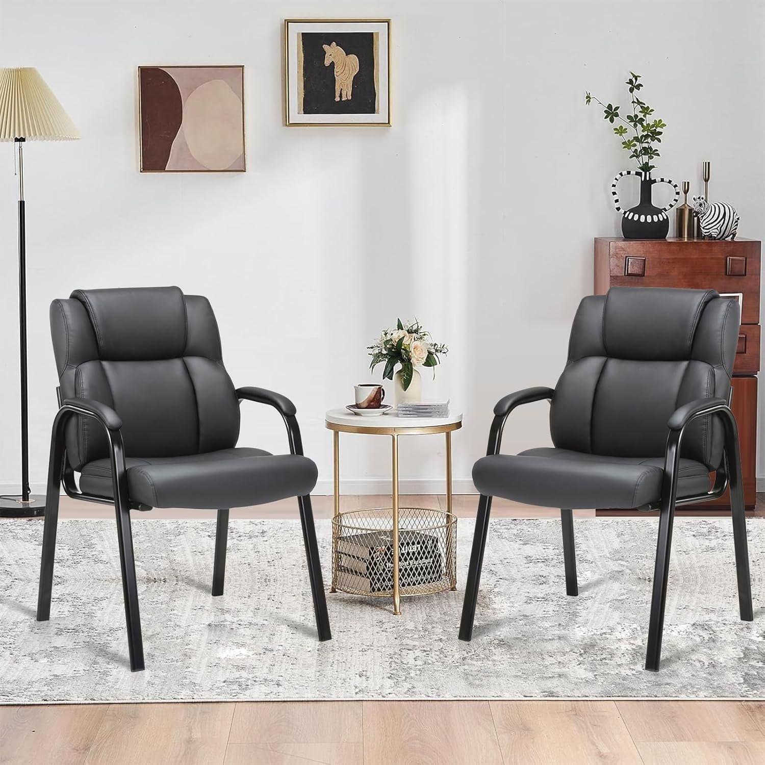 Black Leather Guest Chairs, Padded Arms, 2-Pack, Office