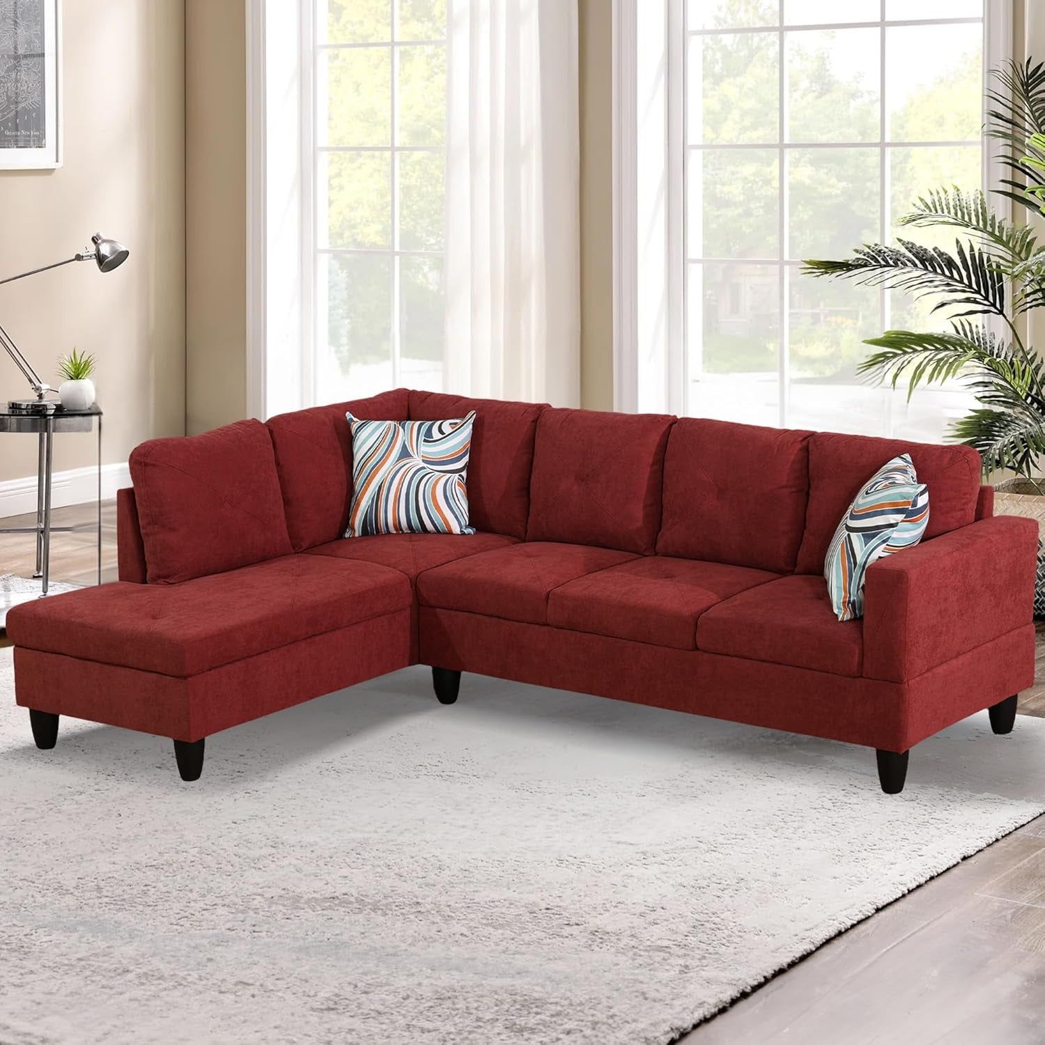 L-Shaped Sectional Sofa Set, Luxurious Flannelette 5-Seat Couches, Durable and Comfortable, Space-Saving Design Perfect for Modern Living Room, Apartment, Red