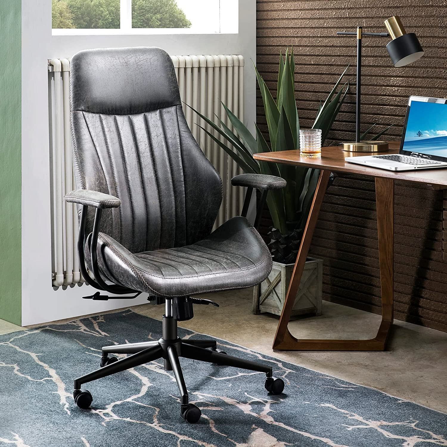 Ergonomic Home Office Chair, Mid-Century Modern Leather Chair with Lumbar Support, High Back Swivel Rolling Executive Chair, Comfy Task Computer Desk Chair (Dark Grey, Suede Leather)