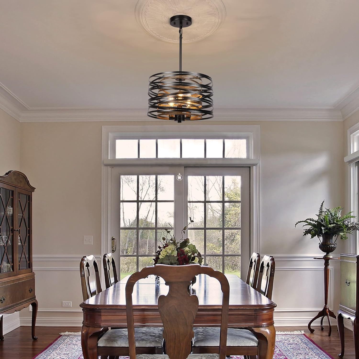 12.6&#39;&#39; Farmhouse Chandeliers for Dining Room, 3-Light Industrial Metal Hanging Light Fixture, Rustic Drum Pendant Light for Entryway Kitchen Foyer Bedroom, Black with Retro Wood Texture Interior