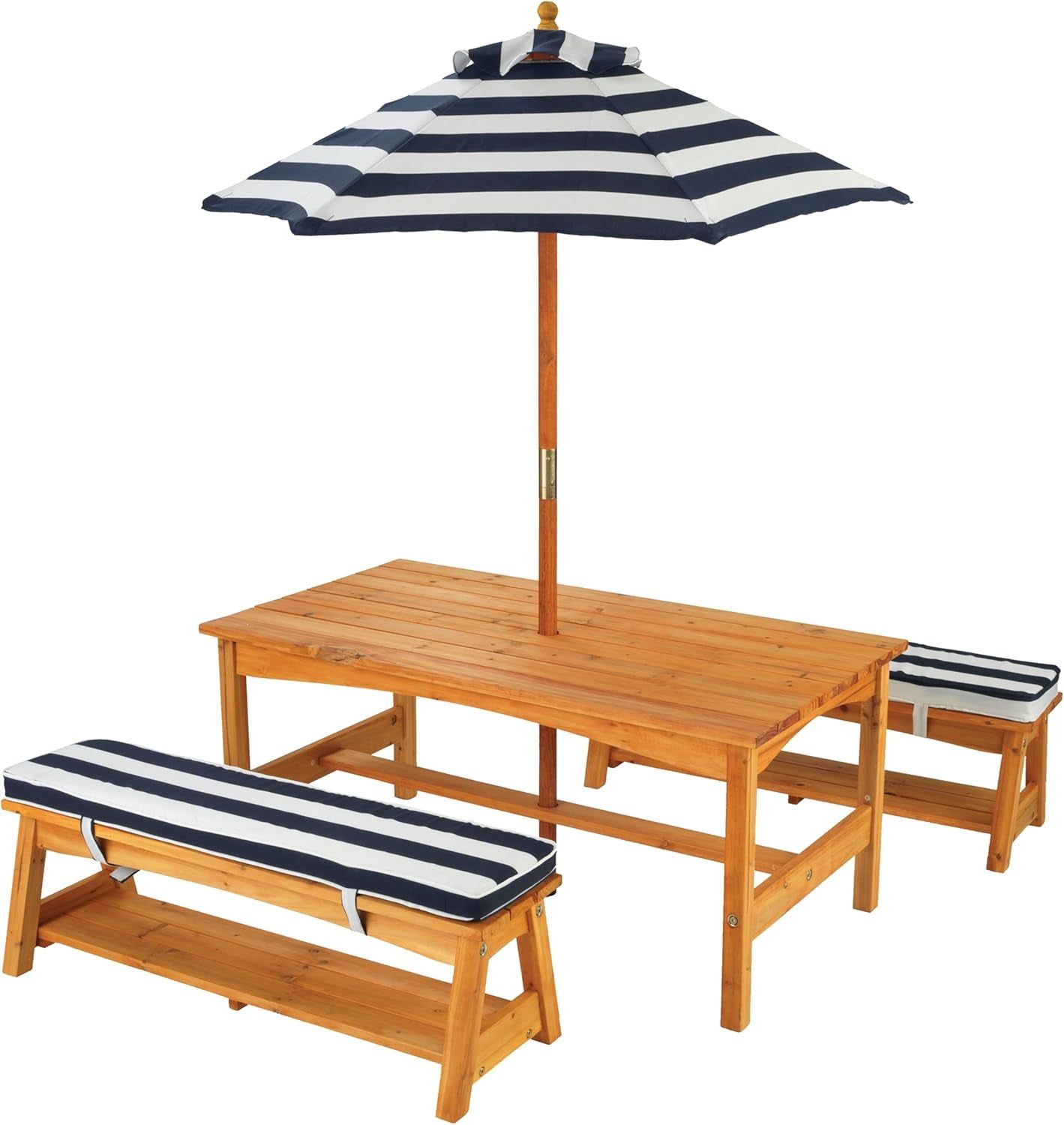 Outdoor Wooden Table &amp; Bench Set with Cushions and Umbrella, Kids Backyard Furniture, Navy and White Stripe Fabric