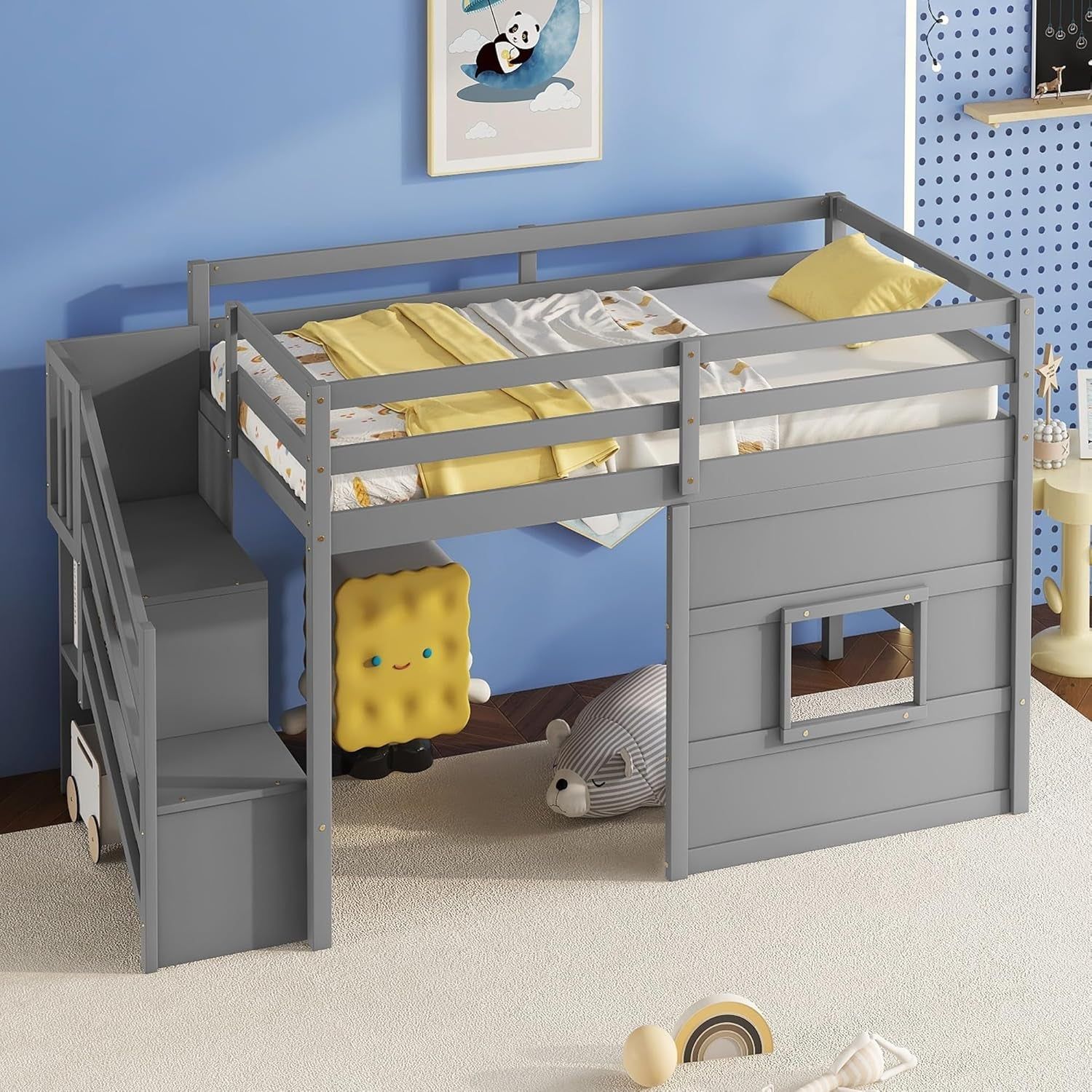 Twin Size Low Loft Bed with Stairs, Kids Loft Bed with Storage,Solid Wood Twin Loft Bed Frame for Kids, Space Saving Low Loft Bed for Boys, Girls, Gray