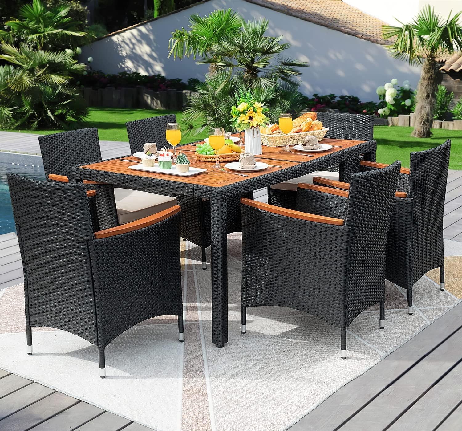 7 Piece Rattan Dining Set Wood Table