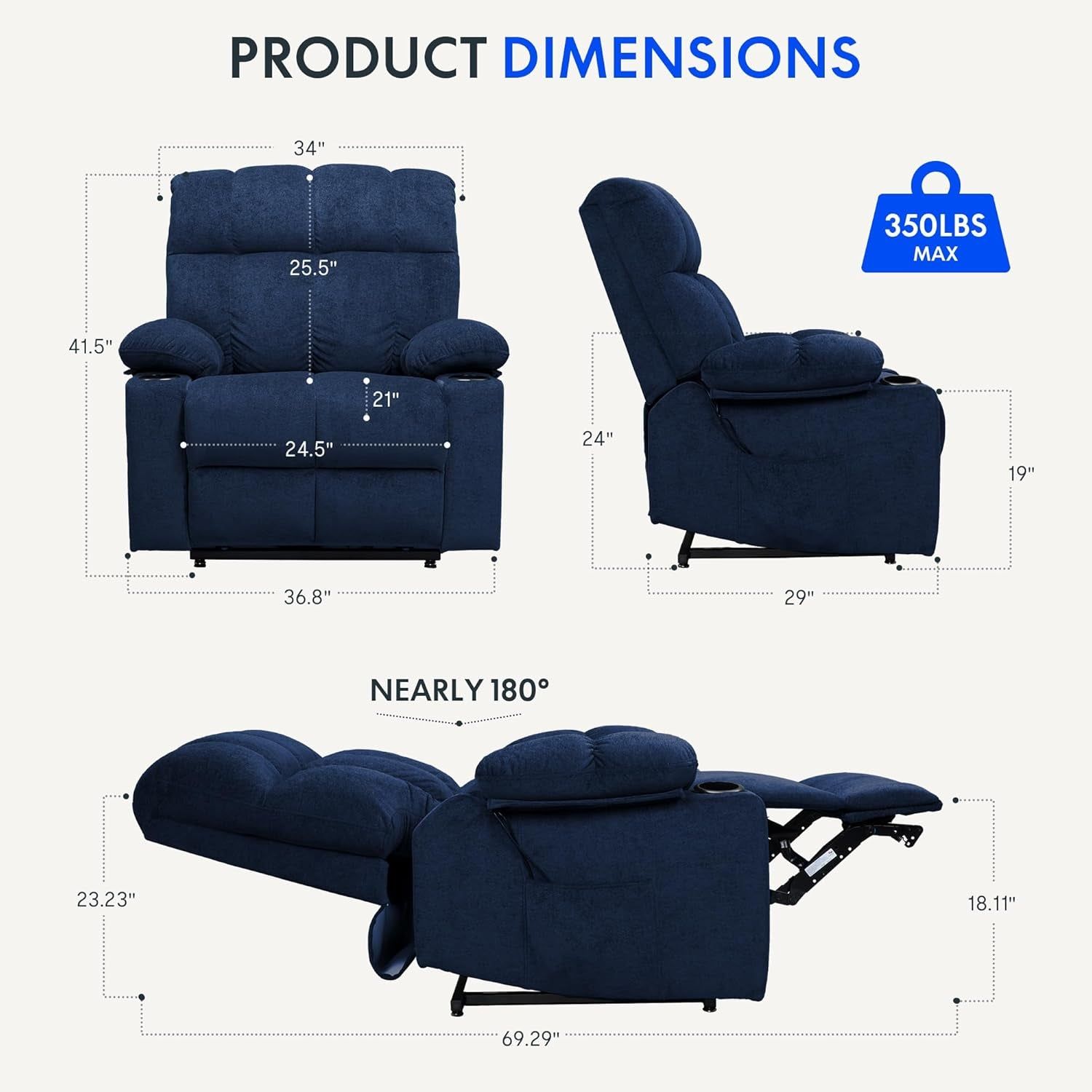 XL5 Dual OKIN Motor Power Lift Recliner Chair for Elderly, Electric Lay Flat Recliner W/Massage, Lumbar Heat, USB Port, Side Pockets, Recliner Sofa for Living Room Bedroom, Blue