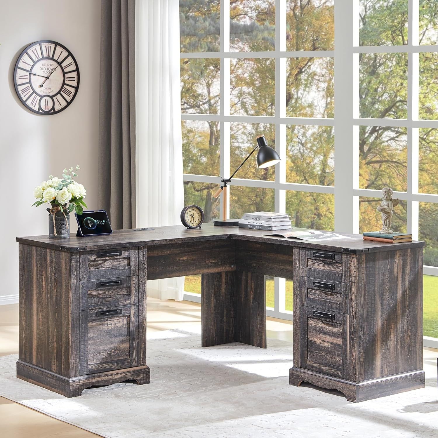 60&quot; Farmhouse L Desk Drawers Charging Rustic Oak