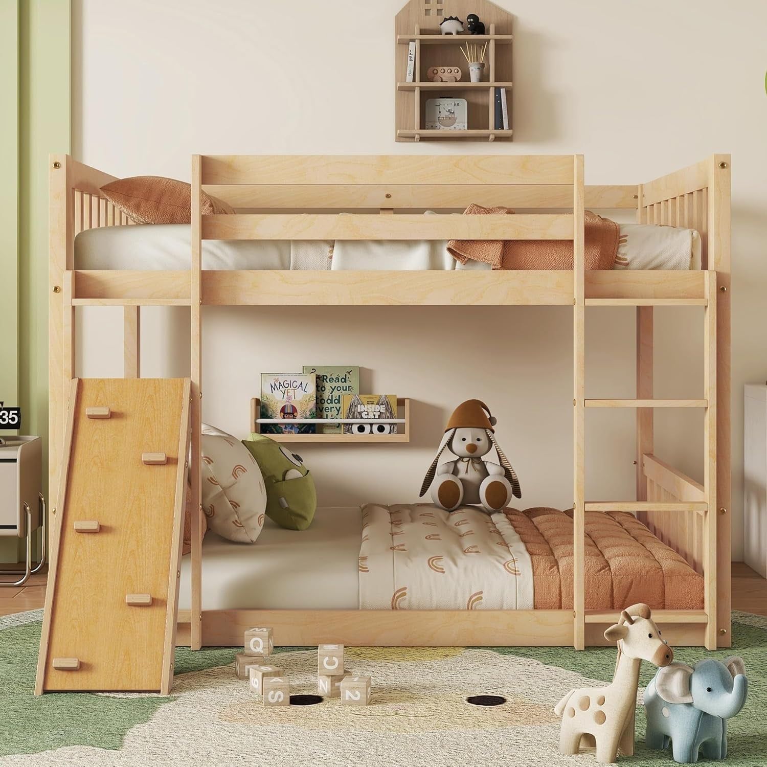 Twin over Twin Bunk Bed, Solid Wood Loft Bed Frame with Climbing Ramp and Ladder, Stable Bunk Bed with Guardrail, Modern Floor Bed for Teens and Adults, Easy to Assemble, Natural