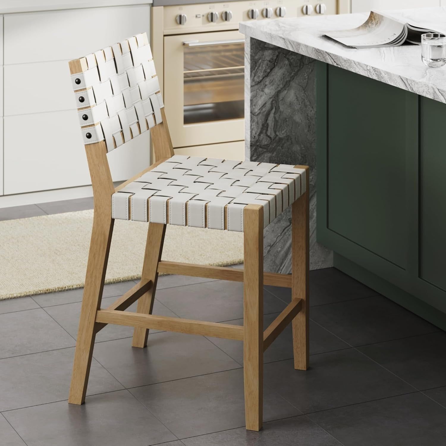 Cohen Mid Century Modern Bar Stool, Upholstered Faux Leather Counter Stool with Back and Solid Wood Legs, off White