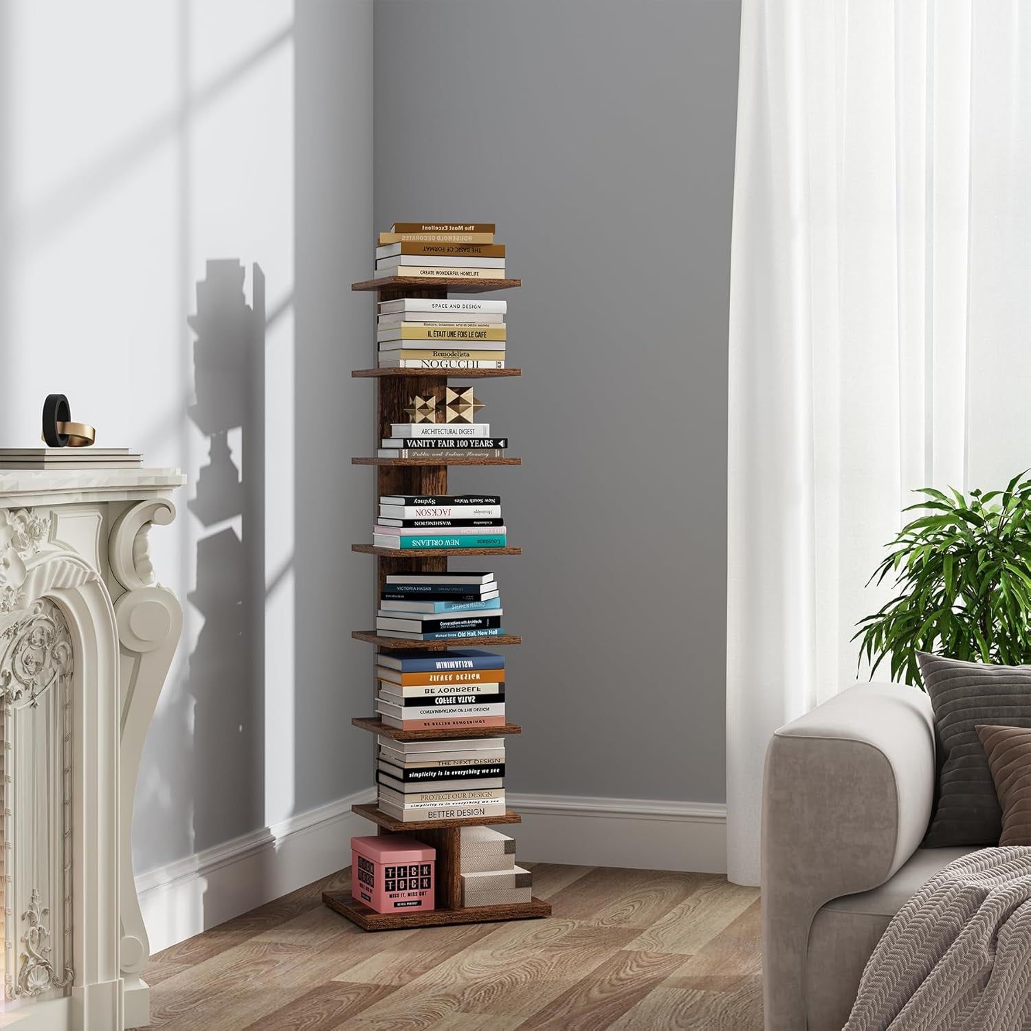 Vertical Bookshelf, 8-Tier Bookcase, Narrow Spine Book Shelf for Small Space, Corner Standing Shelf for Living Room, Office, Study, Entryway, Rustic Brown BS06BB008