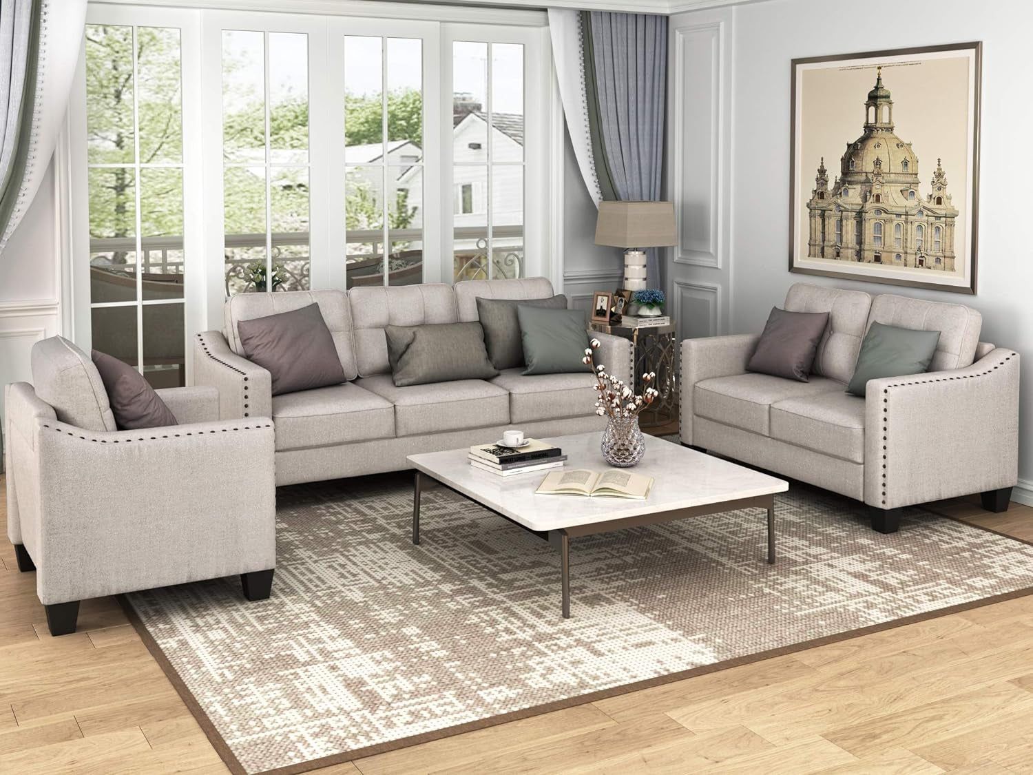 3 Piece Living Room Furniture Set, Linen Upholstered Modern Modular Sectional Couches with Tufted Back Cushions ,Three Seat Sofa and Loveseat, Singel Armchair with Nail Head Trim for Home Office
