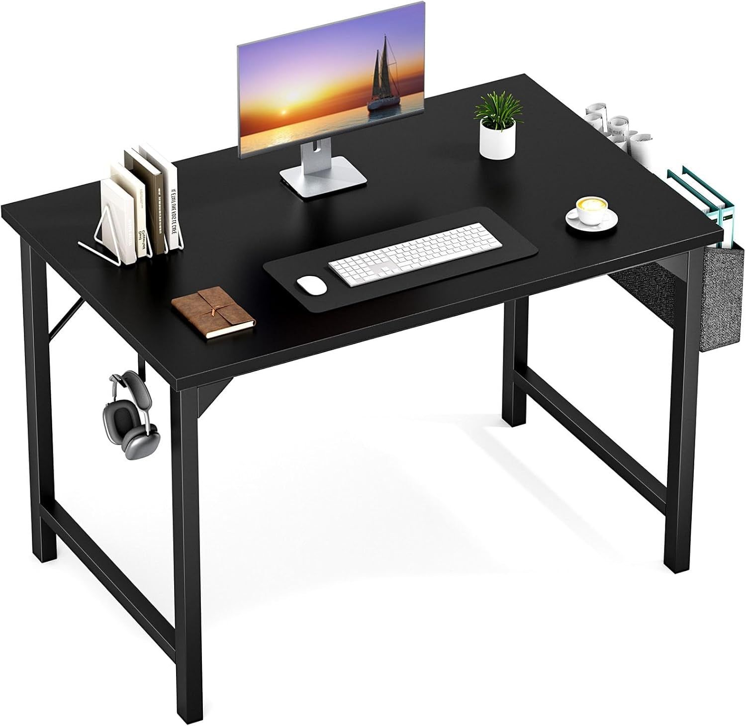 Computer Small Office Desk 40 Inch Writing Study Work with Storage Bag, Headphone Hooks, Home Simple Modern Wood Kids Student Table - Black