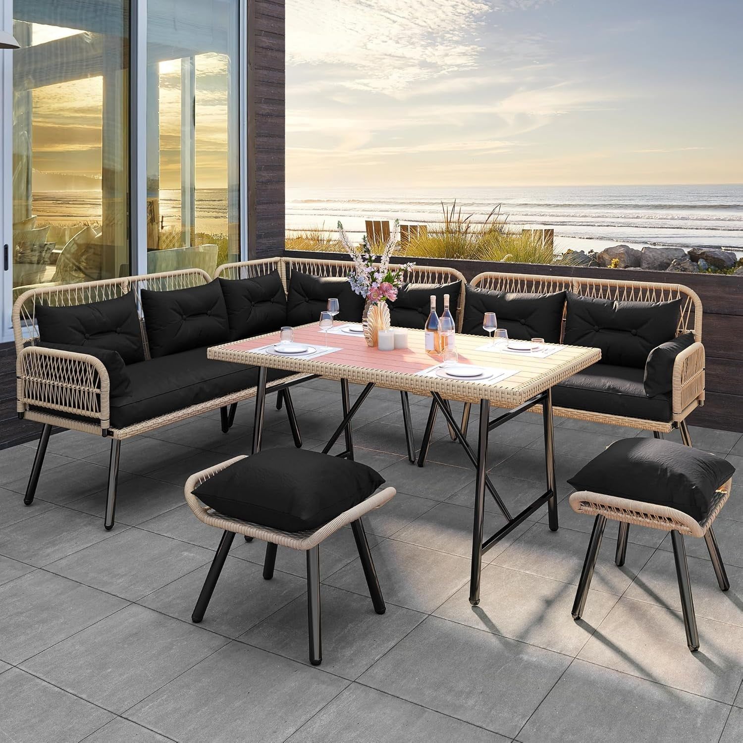 Patio Wicker L-Shaped Furniture Set, All-Weather Rattan Outdoor Conversation Sofa Set for Backyard Deck with Soft Cushions,Ottomans and Plastic Wood Dining Table (Light Brown+Black)