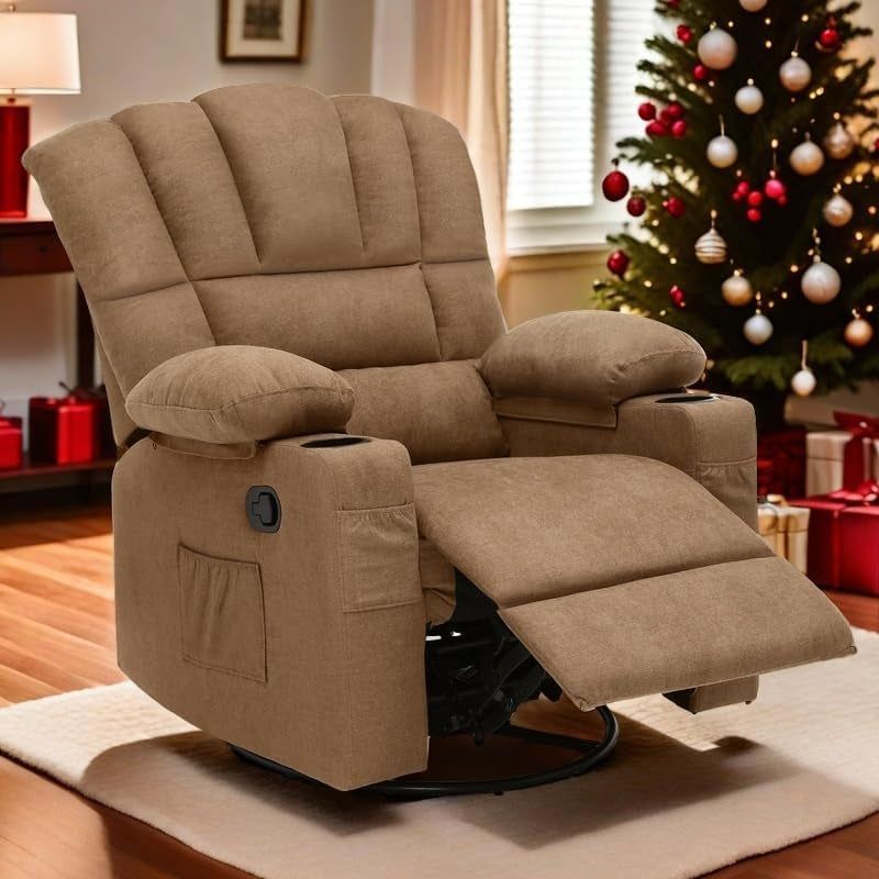 360°Swivel Rocking Recliner, Comfy Recliner Chair, Fabric Manual Reclining Chair with 2 Cup Holders, Side Pockets for Living Room, Bedroom, Home Theater Seating, Brown