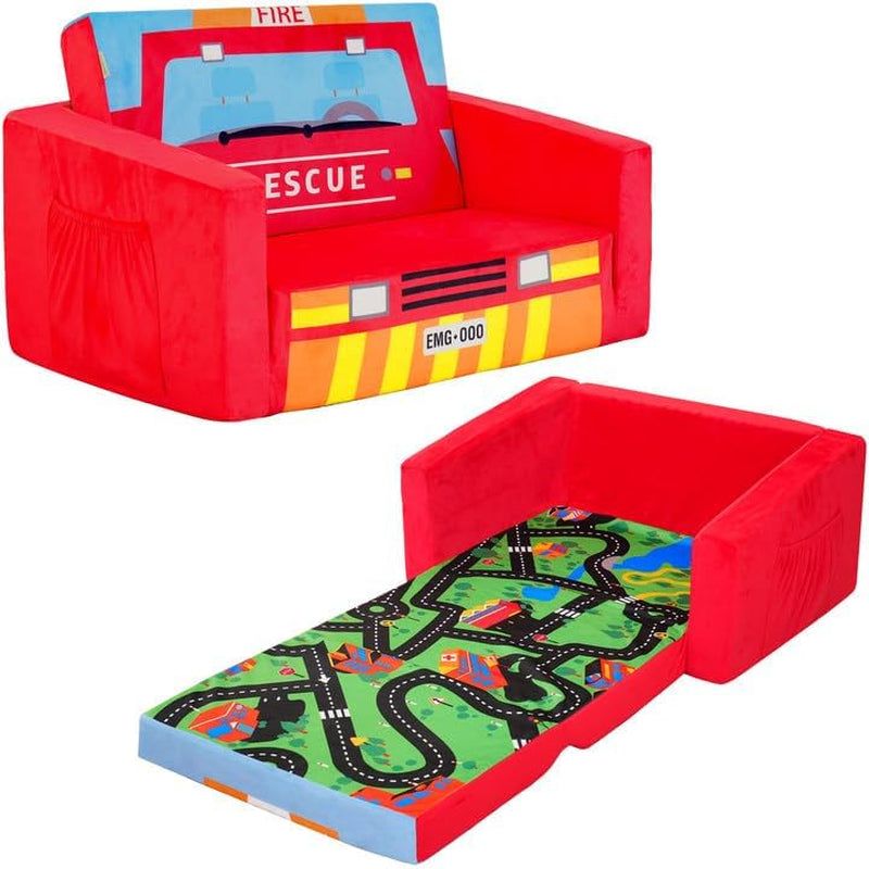 Kids Sofas Children&#39;S Sofa Bed Baby&#39;S Upholstered Couch Sleepover Chair Flipout Open Recliner(Red/Fire Truck)