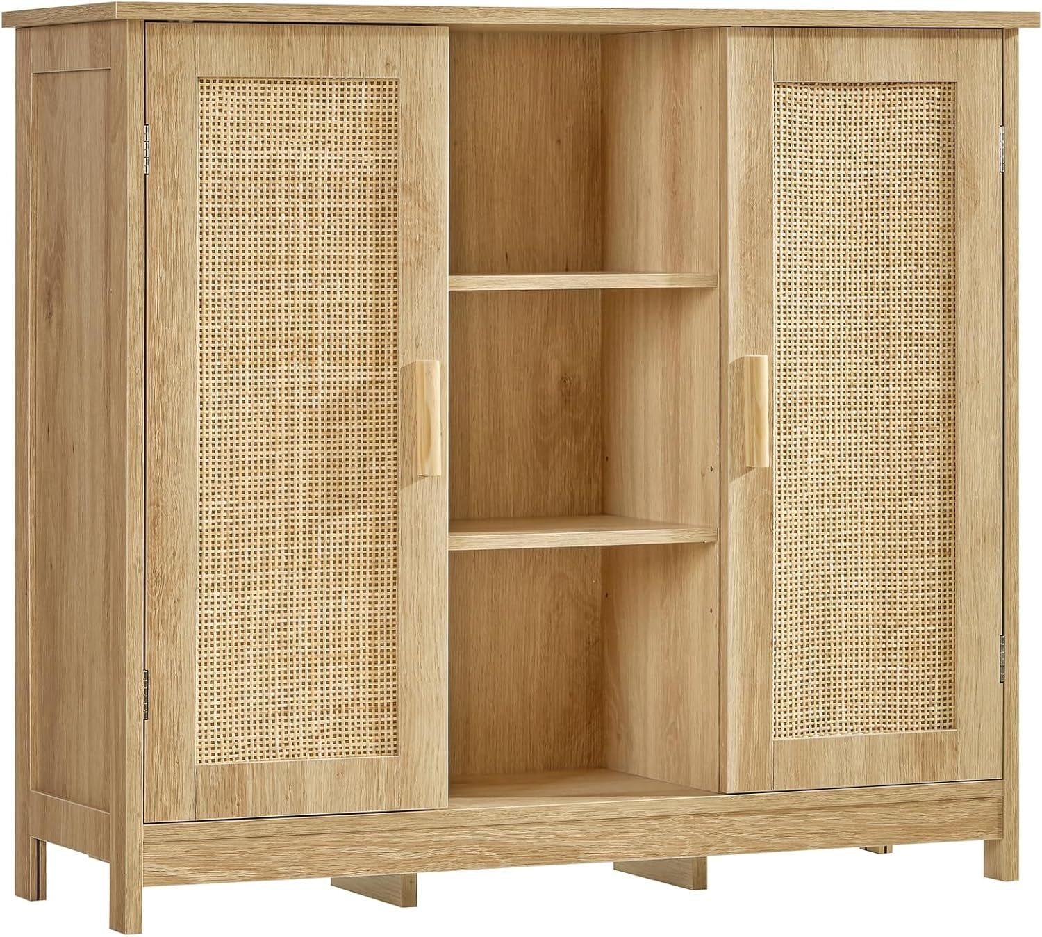 Storage Cabinet, Rattan Cabinet with 4 Adjustable Shelves, Coffee Bar Cabinet, Sideboard Buffet Cabinet for Kitchen, Living Room, Entryway, Natural