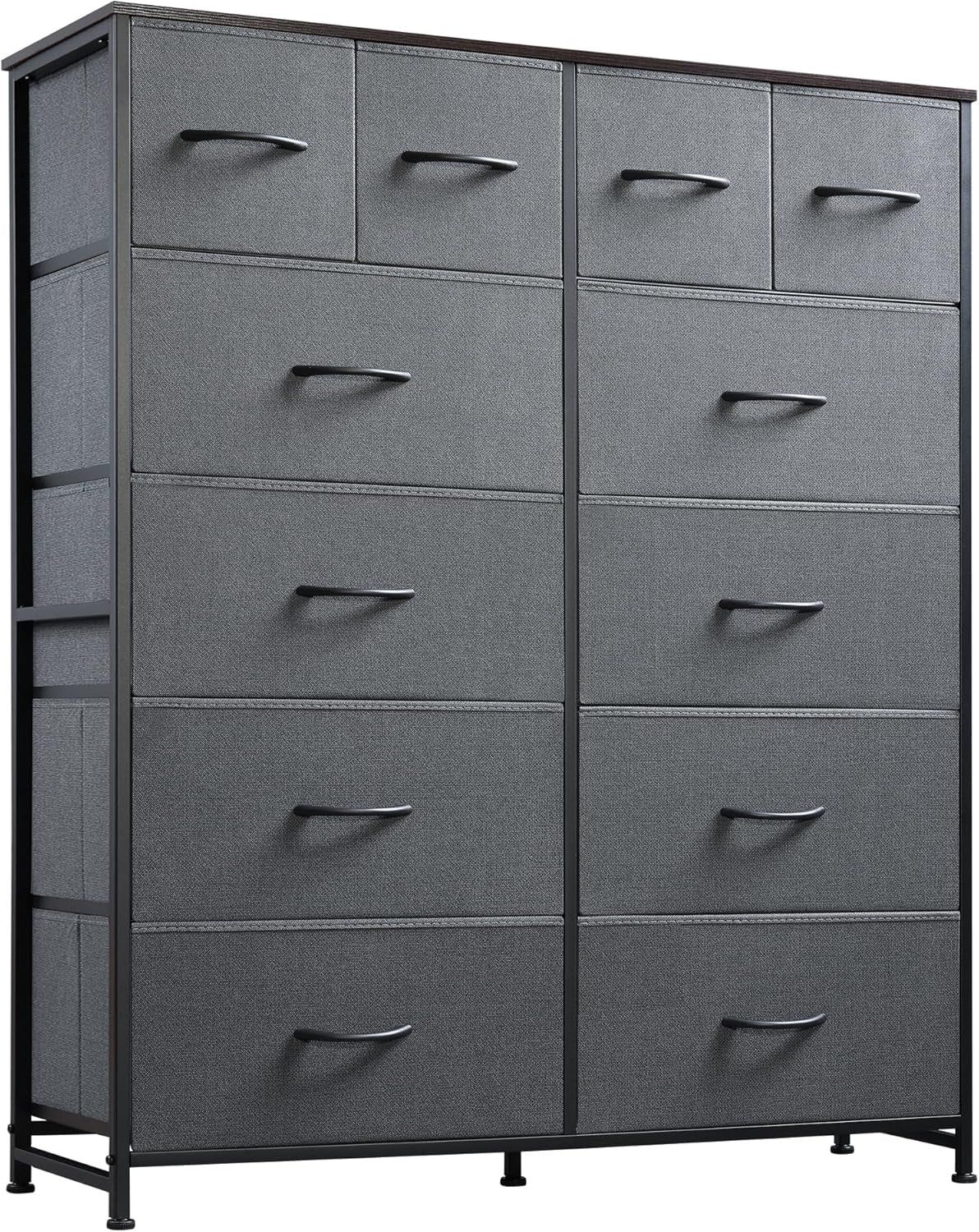 Tall Dresser for Bedroom with 12 Drawers, Dressers &amp; Chests of Drawers, Fabric Dresser for Bedroom, Closet, Fabric Storage Dresser with Storage Drawers, Steel Frame, Wood Top, Dark Grey