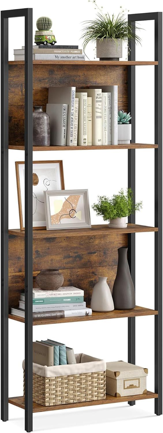 5-Tier Bookshelf, Book Shelf, Industrial Bookcase, with Steel Frame, for Living Room, Home Office, Bedroom, 9.4 X 24.4 X 65 Inches, Rustic Brown and Black ULLS025B01