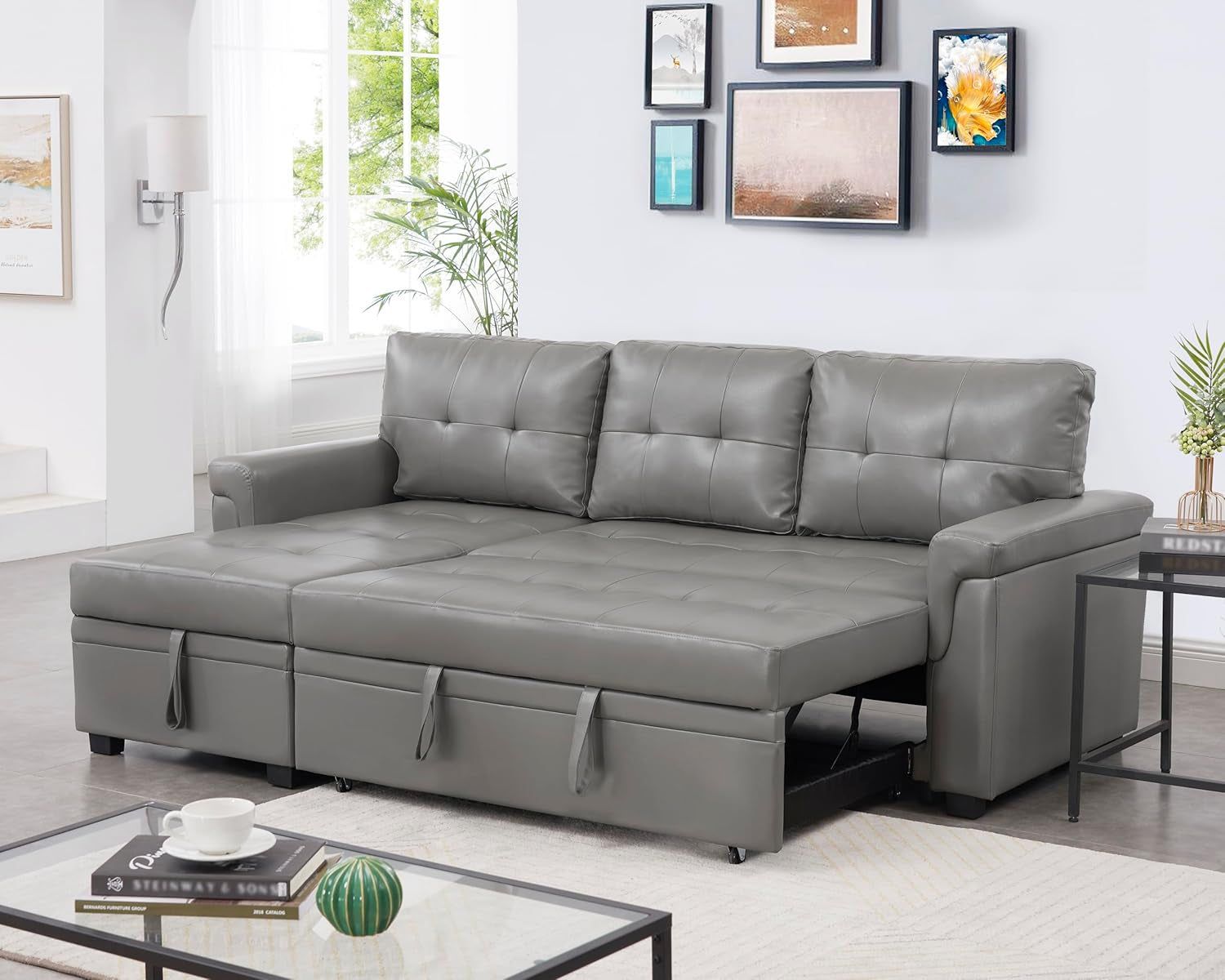 Jenny Sectional Sofa Sleeper with Storage Chaise, Tufted Pull Out Couch with Storage, Sectional Bed, L-Shaped Reversible Sleeper Sofa, Gray,Air Leather