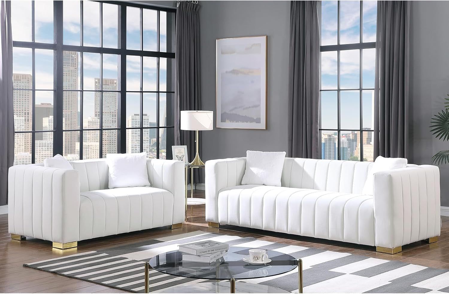 2 Piece Living Room Furniture Set, Including Loveseat and 3-Seater Sofa Couch with Channel Tufted Velvet Fabric, 4 Pillows for Bedroom Apartment, White