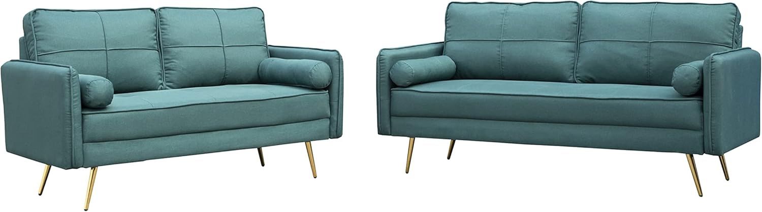 Modern 2 Piece Sofa Set Velvet Loveseat &amp; Sofa Set with Bolsters &amp; Metal Legs for Living Room - Green