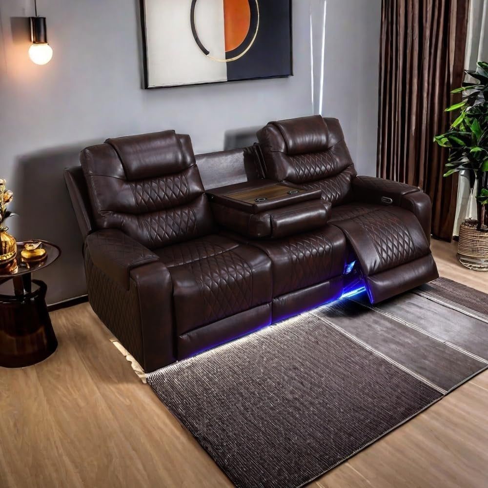 LED Power Recliner Sofa for Living Room Furniture Set, Leather Sectional Sofa Set, Recliner Chair Set Reclining Sofa and Loveseat with USB Port/Storage Console/Cup Holders(Dark Brown Sofa)