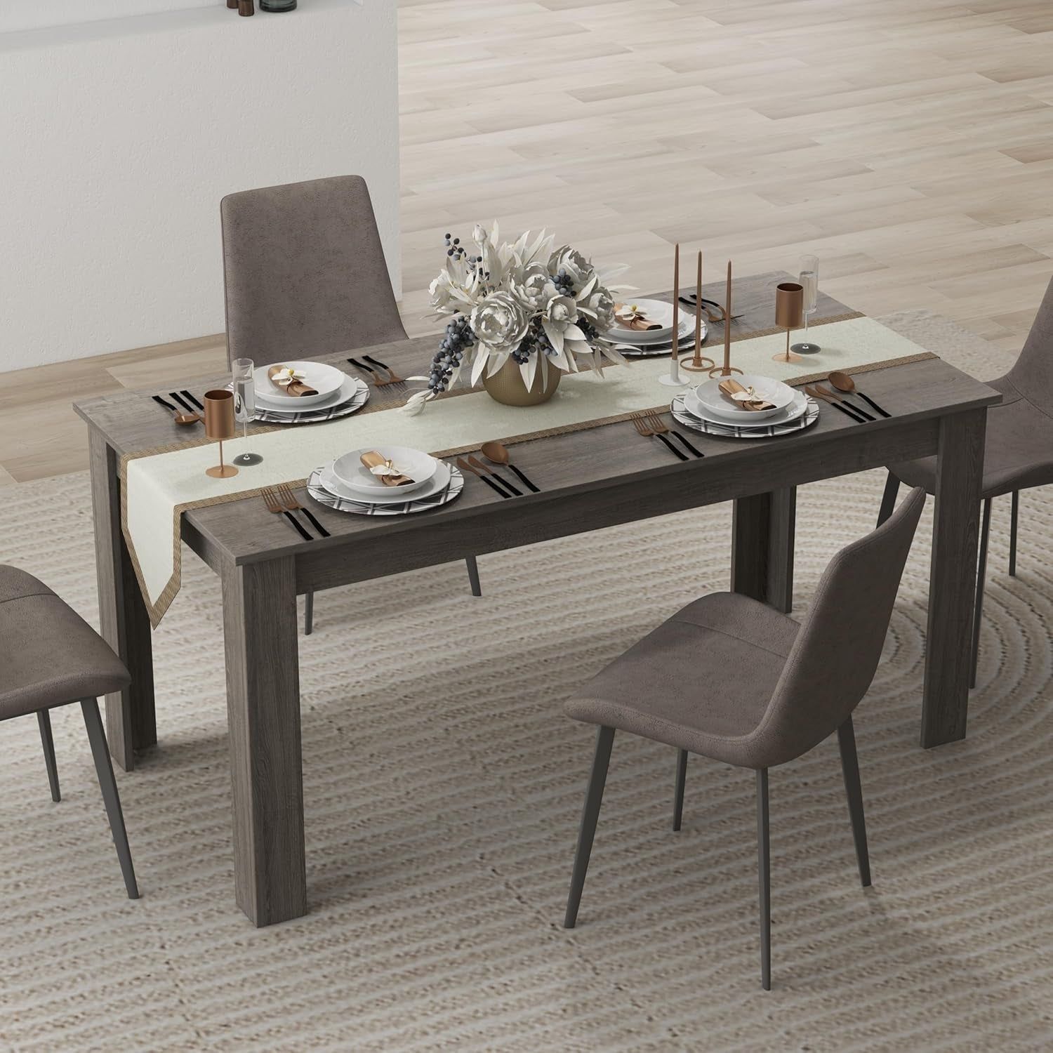 Wood Dining Table for 4-6 People, 63&quot; Wood Rectangle Dinner Table, Modern Kitchen Table with L-Shaped Legs, 330Lbs Weight Capacity, Farmhouse Dinette Table for Dining Room, Living Room, Grey