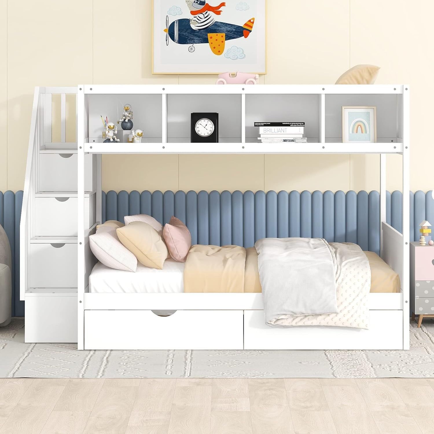 Twin over Full Bunk Bed with Storage Shelves, Stairs, Solid Wood Staiway Bunk Bed Frame with 2 Drawers, for Kids Teens Adults (White)
