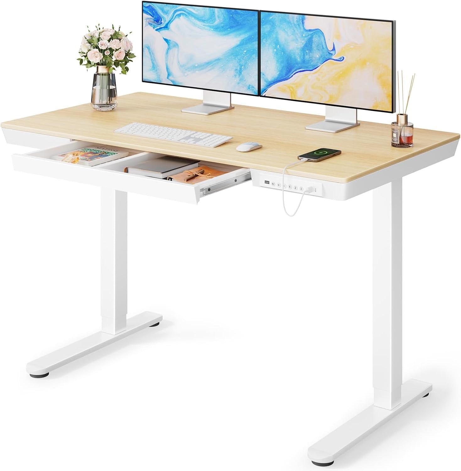 Electric Solid Standing Desk, 48 X 24 Inch Standing Desk with Drawer, Height Adjustable Desk with Tabletop &amp; USB Charging Ports, Sit Stand Desk with Storage for Home &amp; Office Natural