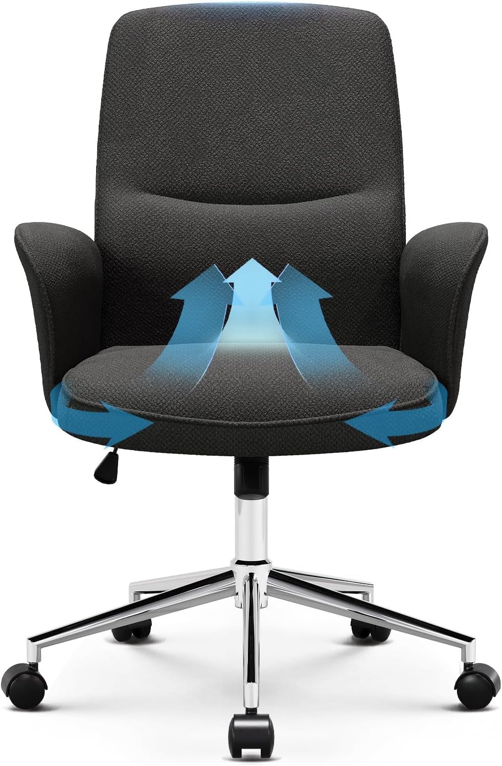 Comfy Office Desk Chair, Upholstered Fabric Computer Desk Chair, Criss Cross Chair with Wheels and Armrests, Swivel Adjustable Vanity Chair for Home, Makeup, Office, Bedroom, Darkgrey
