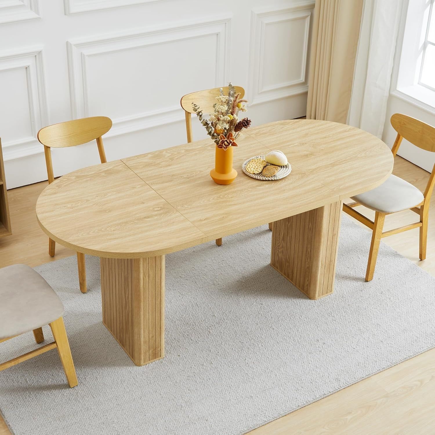70.8 Inch Kitchen Dining Table for 4-6 People, Oval Kitchen Table with Wood Strip Base, Modern Farmhouse Large round Dining Room Tables for Kitchen Living Room (Natural)