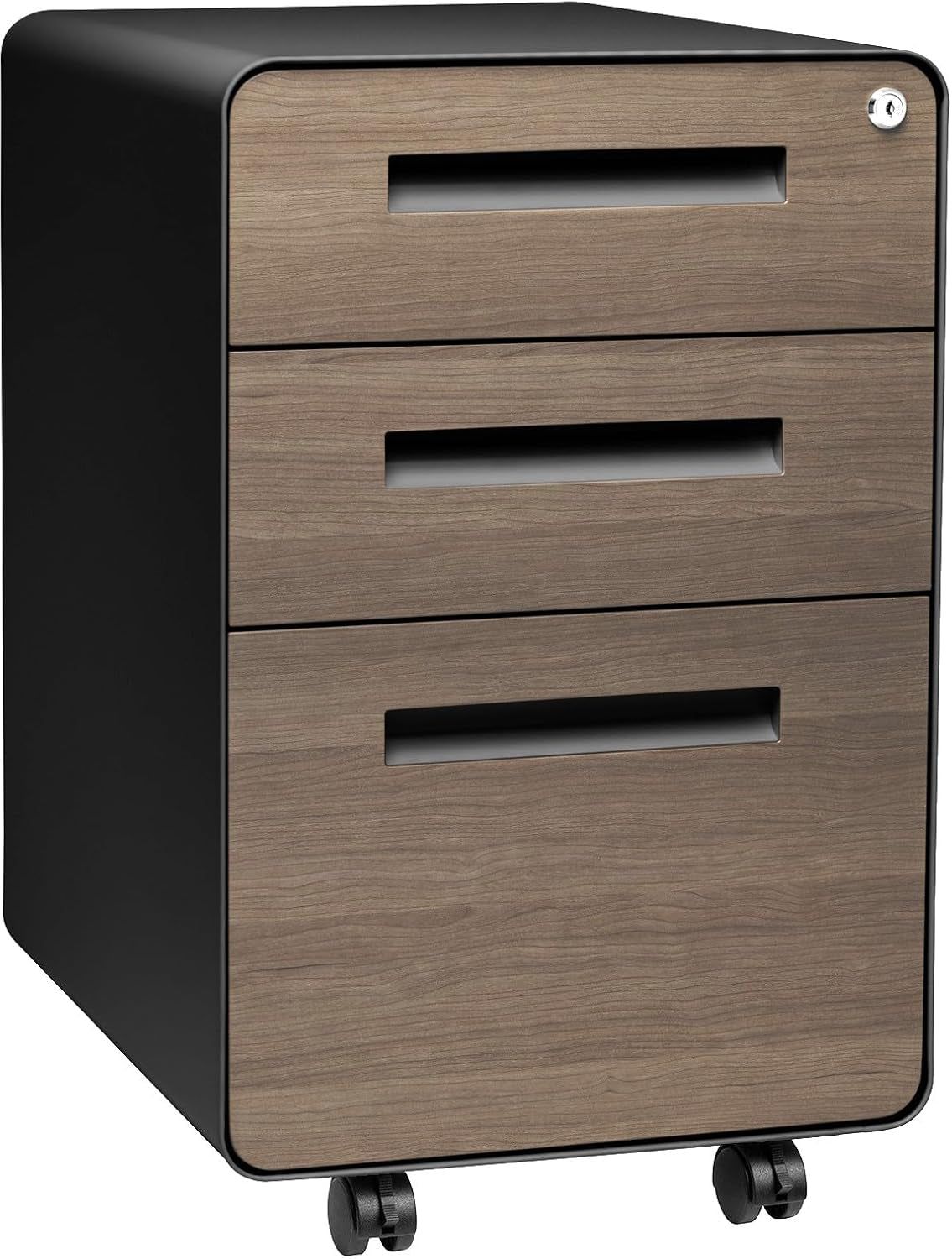 Stockpile 3 Drawer File Cabinet with Lock - under Office Desk Metal Filing Cabinet, Legal/Letter File Folders, Wheels and Stationary Feet, Pre-Assembled, Black/Wood
