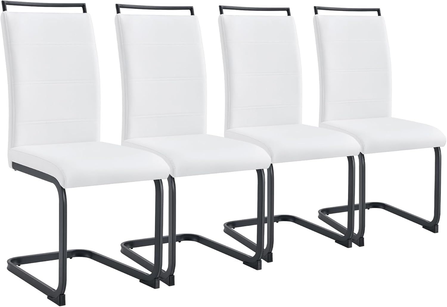Modern Dining Chairs Set of 4, PU Faux Leather High Back Upholstered Dining Room Side Chair with Horizontal Stripe Backrest Design for Kitchen Living Room Dinner Chairs, White with Black Legs